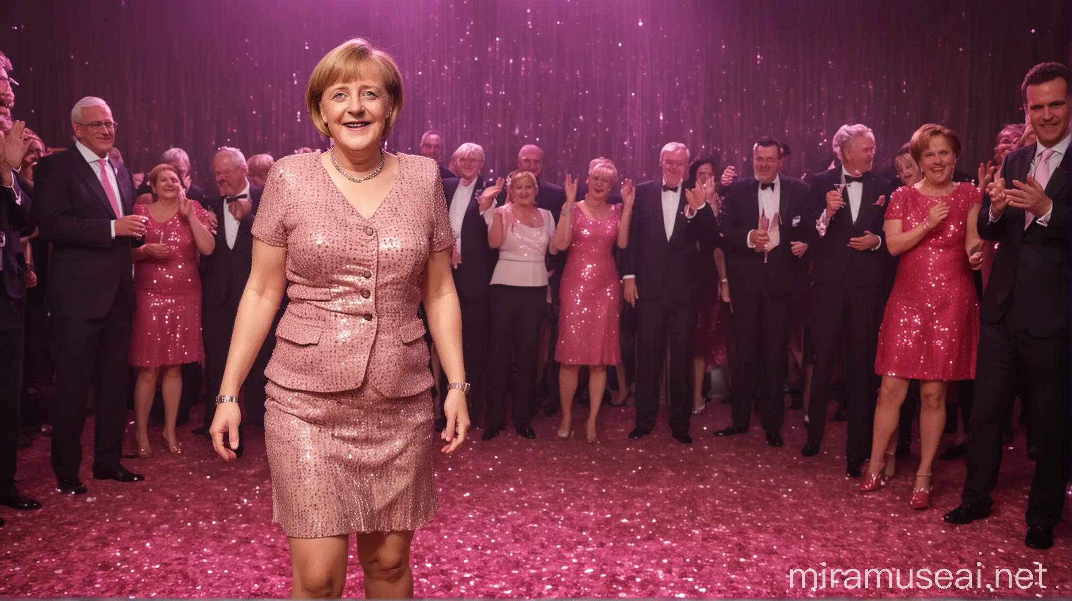 Full body and LOOKING AT The CAMERA photograph of Angela Merkel The Chancellor of Germany wearing pink sequined dress and standing straight, high detailed, happy face, standing in a dance floor.