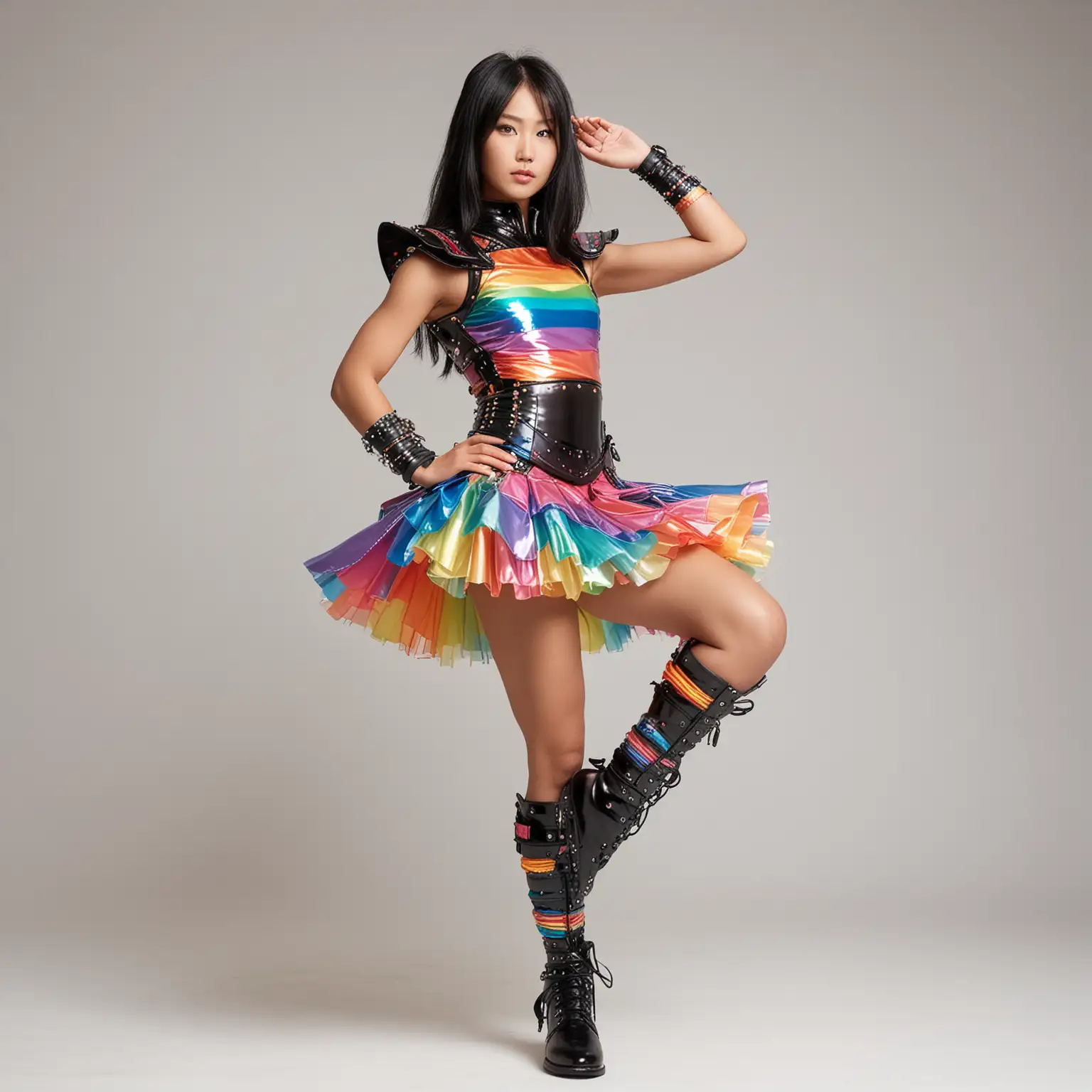 Standing front view, Beautiful toned athletic muscular figure female Japanese supermodel with large breasts, long black hair, in sleeveless rainbow metallic plastic samurai-knight armor with Chinese printing, bare shoulders, midriff exposed, shoulders exposed, sleeveless, giant puffy rainbow ballerina tutu, chromatic rainbow thigh-high socks, boots, white background