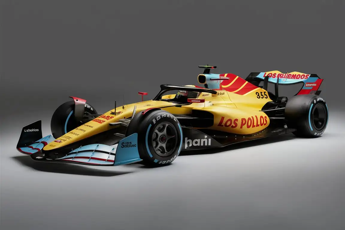 Los pollos hermanos f1 car, yellow with red and light blue and white sponsors only , sponsored by a chicken restaurant.