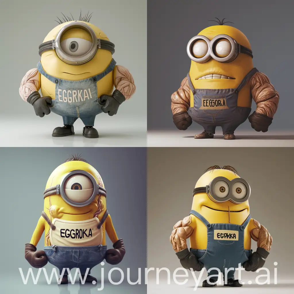 A muscular minion from "Despicable Me", with big veins on his arms, wearing a T-shirt with the inscription "EGORKA". The minion should be standing proudly, showcasing its muscular physique.