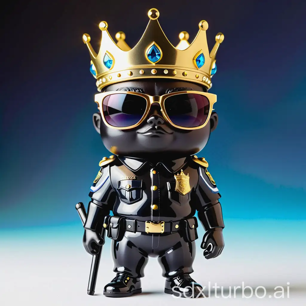 A black amongus figure called Theo with crown and police uniform and sunglasses
