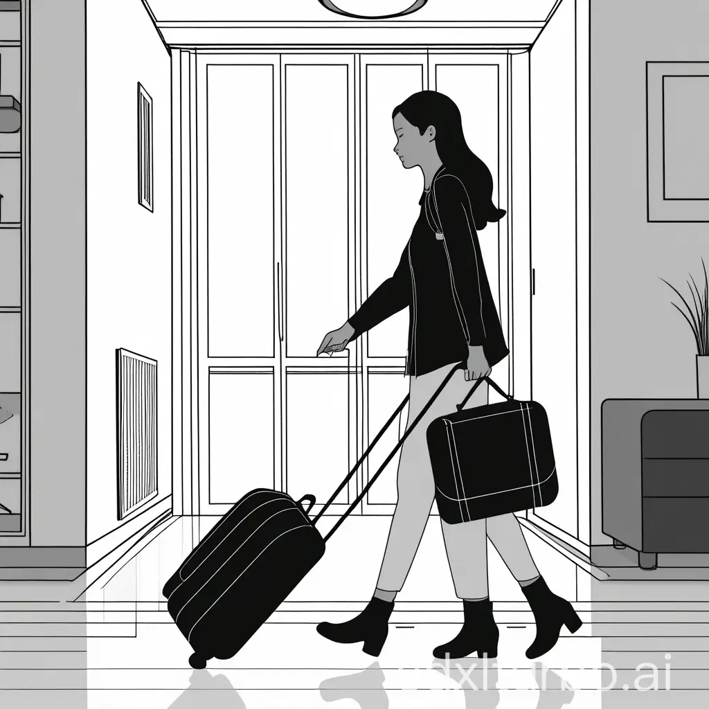 一个女生黑白线条小人拉着行李箱从家里出发