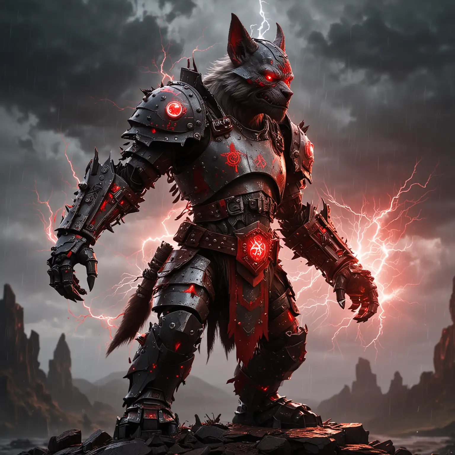 a robot werewolf-gnome cyborg wearing ancient plate armor painted with glowing red runes, powered and fueled by blood magic, with lightning bolt energy surrounding the gauntlets, silhouetted by the morning dawn on a stormy day
