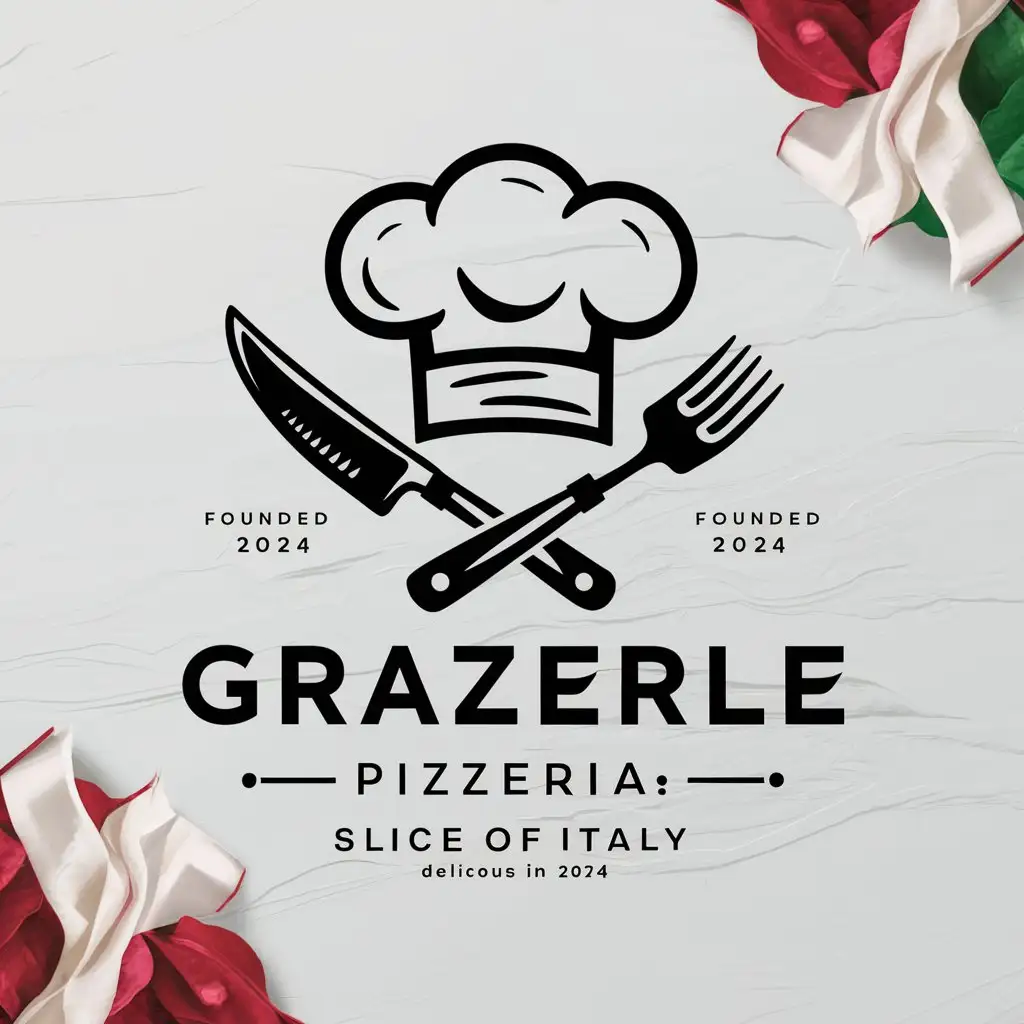 GRAZIELLA Pizzeria logo, Italian colors, Crossed knife and fork, Sketched Chef's Hat, Slogan, Slice of Italy, EST 2024, White background, Unique decoration