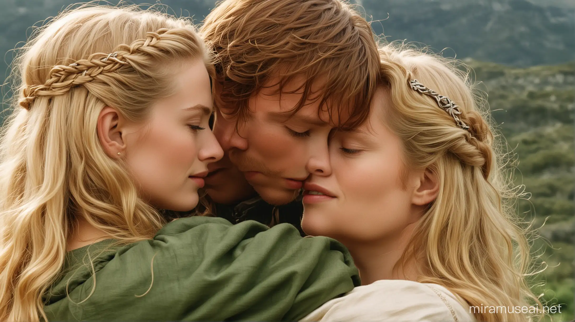 A 1960 fantasy film still image of Eowyn and Faramir clasping each other romantically on the cover