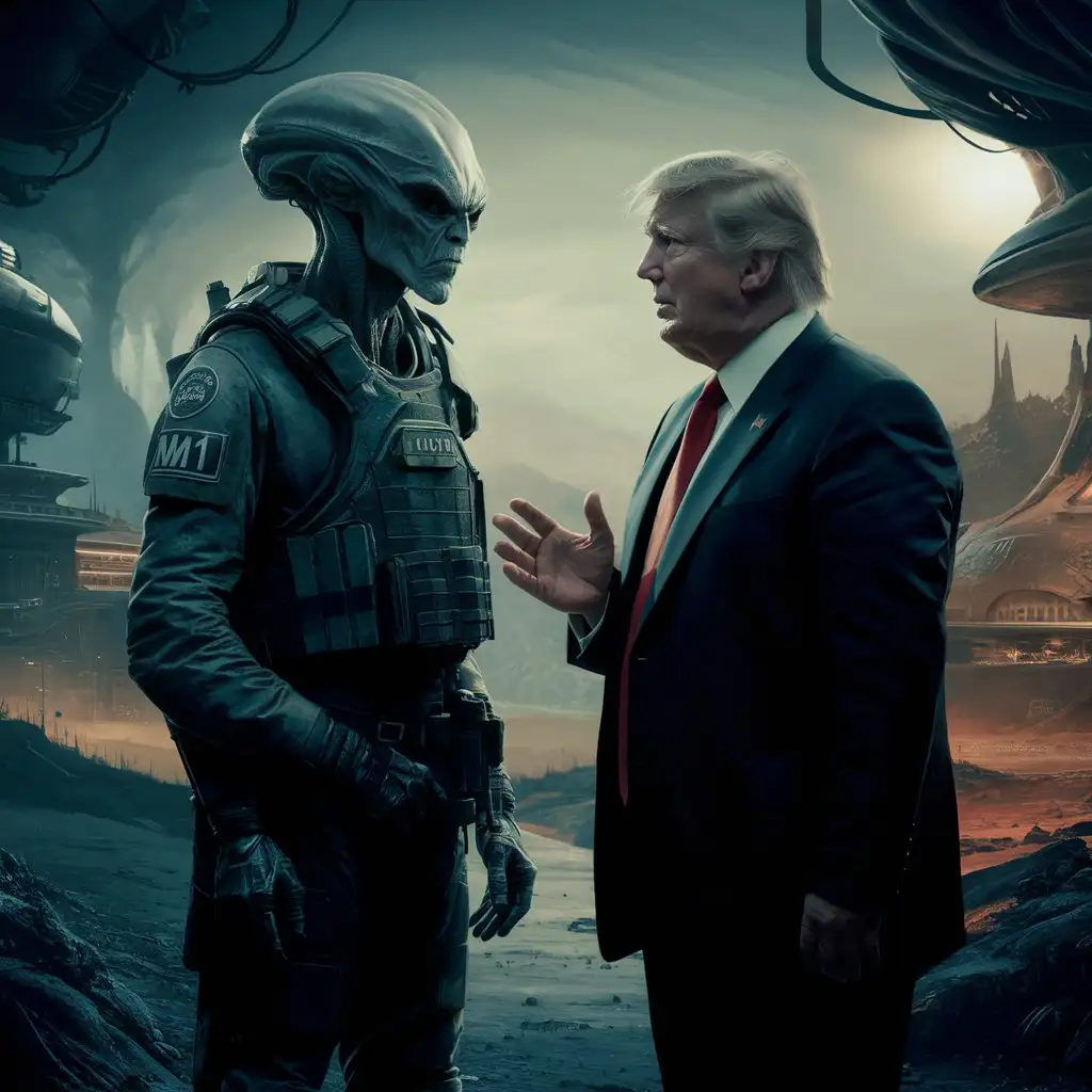 create an image of donald trump with an alien soldier wearing a tactical vest and an M1-helmet
