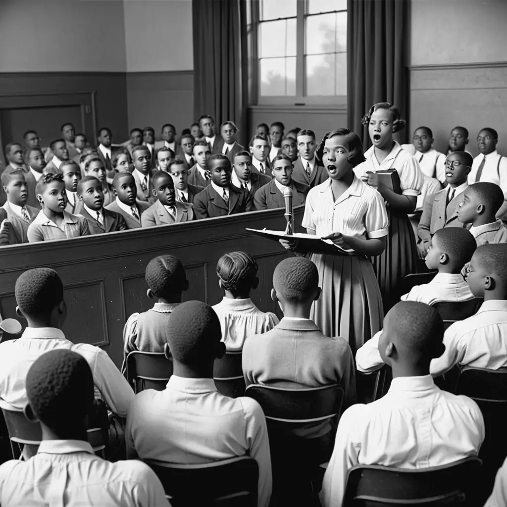 African American students speaking in front of an adult audience, 1932
