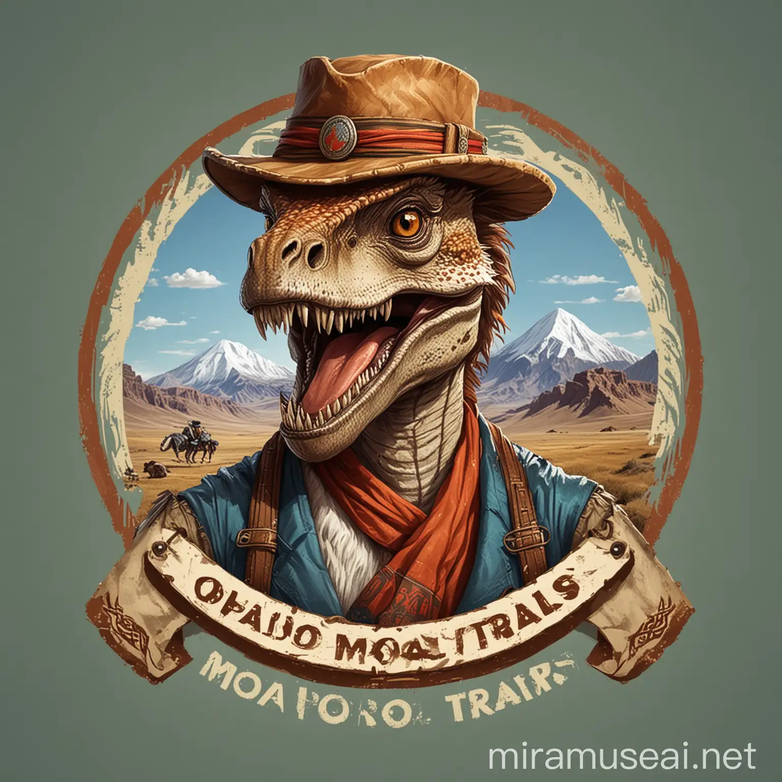 generate a logo for travel agency where very firendly velociraptor wearing traditional mongolian deel smiling, include company name raptor trails