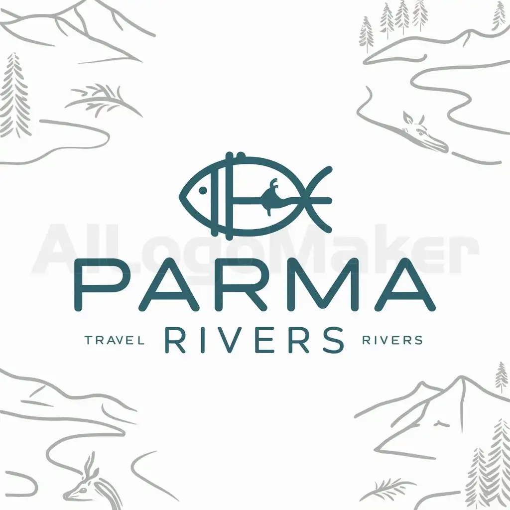 a logo design,with the text "Parma rivers", main symbol:Harius, ryba, forest, rivers, mountains,Minimalistic,be used in Travel industry,clear background