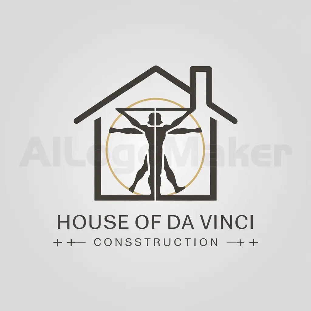 a logo design,with the text "House of Da Vinci", main symbol:Leonardo da Vinci Vitruvian man inside house Golden ratio,complex,be used in Construction industry,clear background