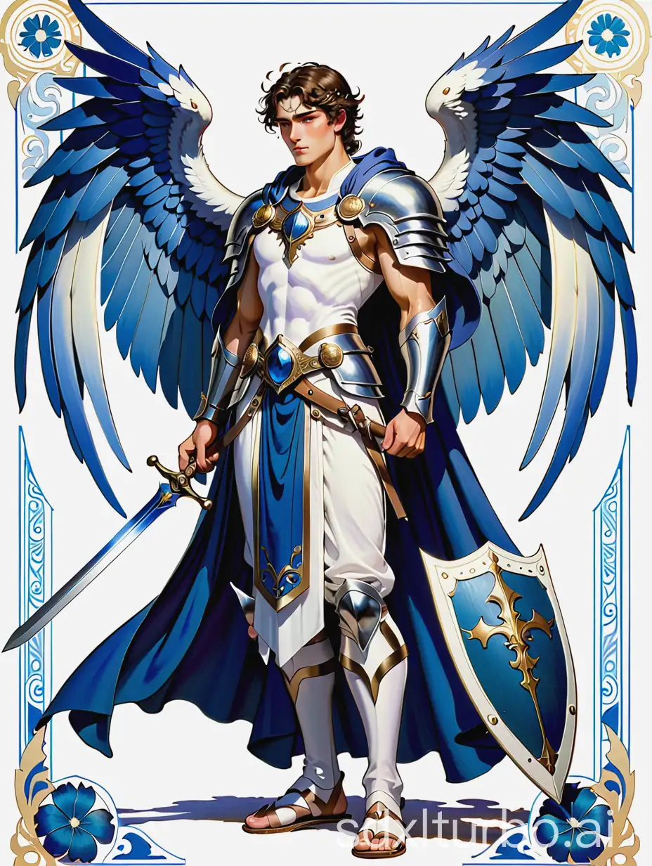 an angle warrior, white wings, shines, wearing a white cloth and blue decorations, sandles, with sword, shield and blue cloak, taro card art, "Archangle Michael" words in the bottom, mucha style