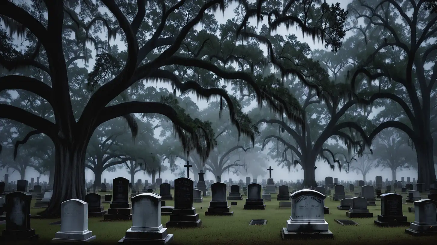 a Louisiana cemetery during a very dark night in the fog with  large oak trees 
