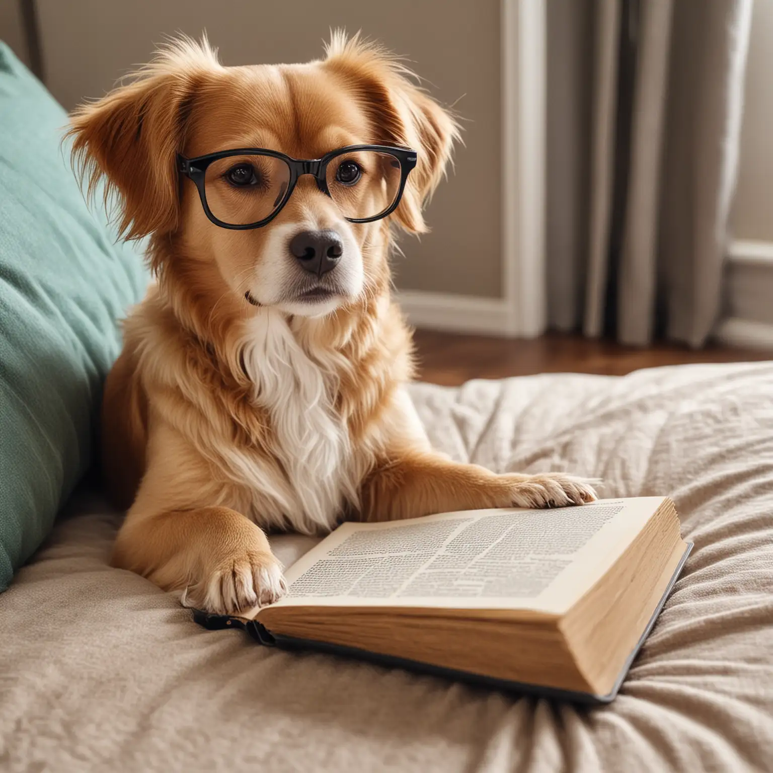 Smart Dog Reading a Book in Cozy Living Room Setting