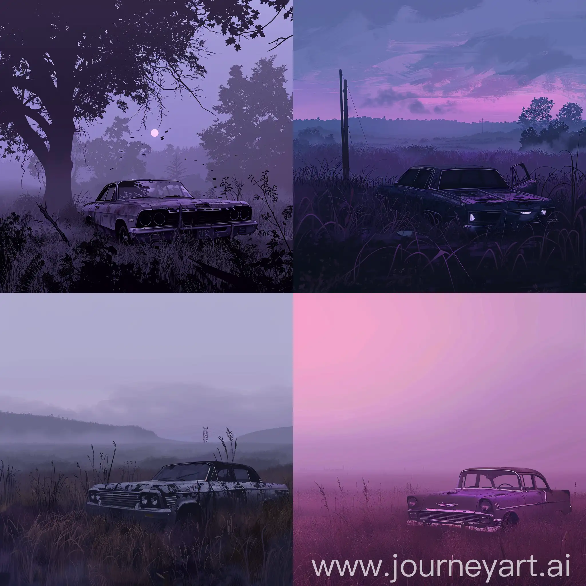 A vector art of cinematic Longshot of scene of a Abandoned old Chevrolet car, in the foggy field, inspired by blade runner movie scene, long shot, purple tone --v 6.0