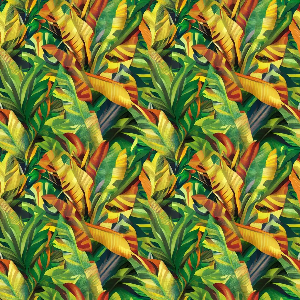 A seamless pattern of tropical leaves in vibrant colors.