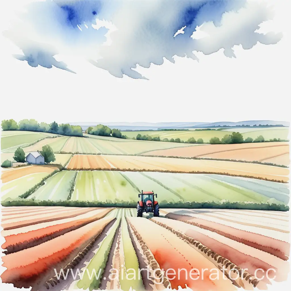Tranquil-Watercolor-Landscape-Fields-and-Sky-with-Distant-Tractor