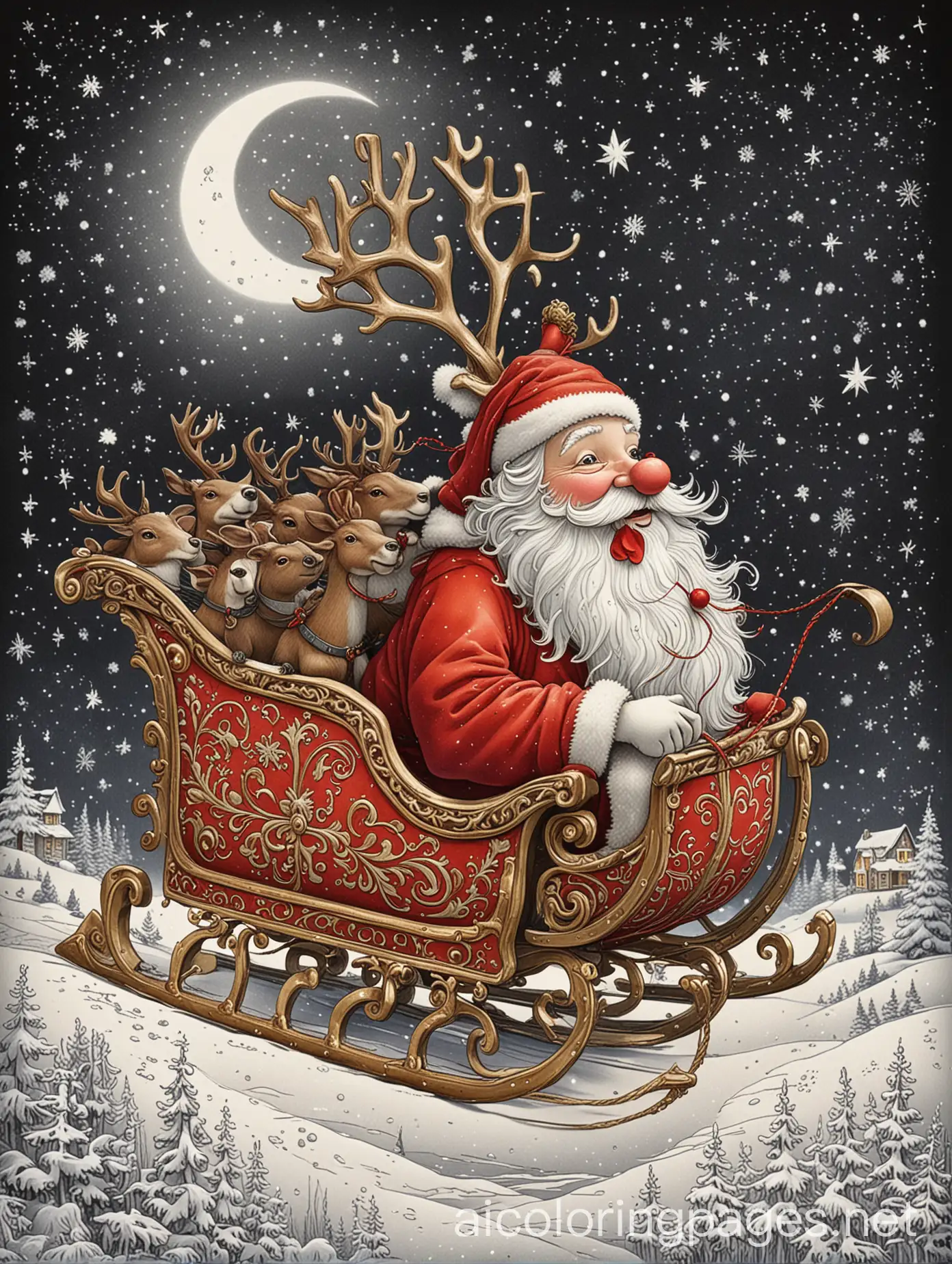Jolly-Santa-Claus-Riding-Ornate-Sleigh-with-Eight-Reindeer-on-a-Starry-Snowy-Night