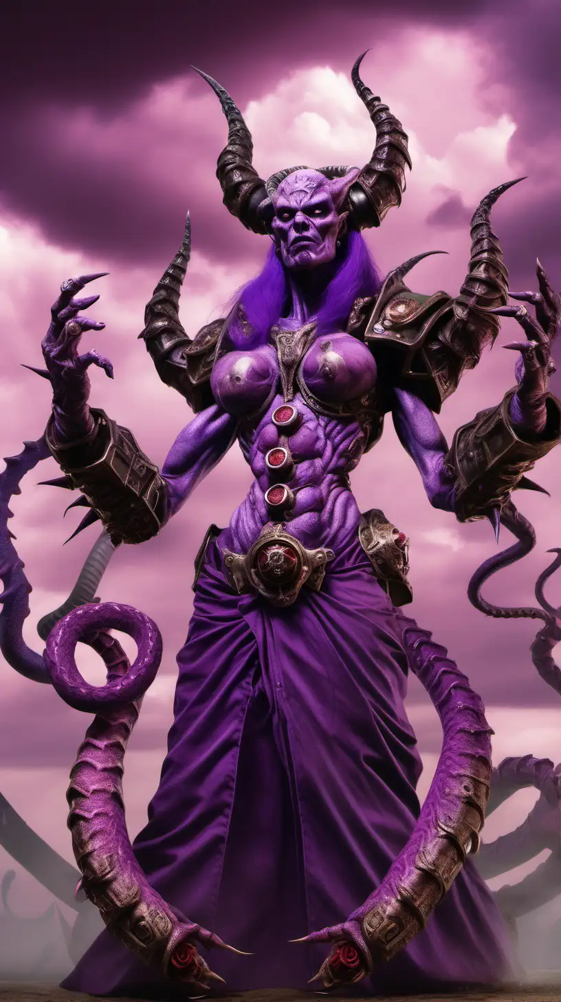 enourmous giant Slaanesh with grinzing face and who has four arms and has both male and female sexuality, with half snake half human body, from Warhammer 40000, the purple and rose skies with tornados on background, hyper-realistic, photo-realistic