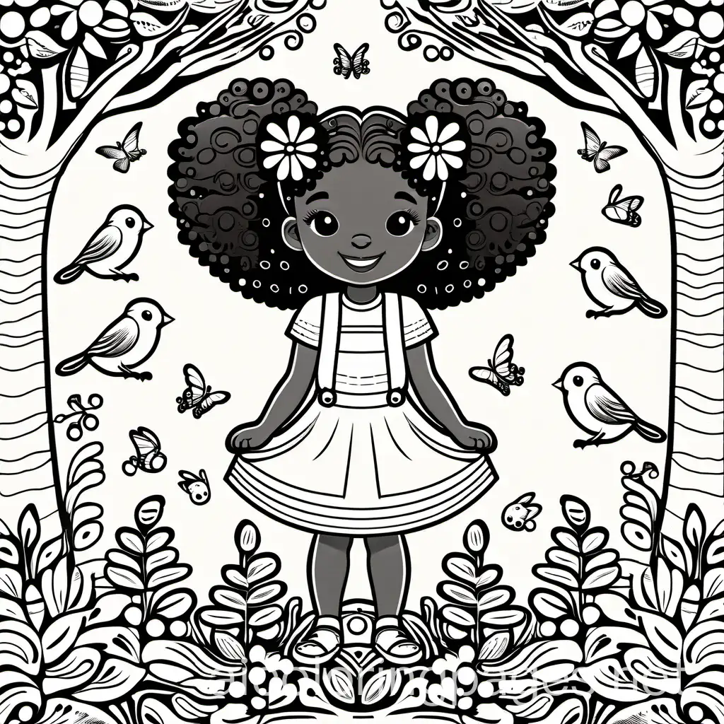 toddler girl character dark skin curly pigtails happy smiling. The Girl is hugging a Giant Tree. On the tree are birds' squirrels, lady bugs and butterflies The overall atmosphere should be playful and whimsical, capturing the joy of a sunny day in the garden.", Coloring Page, black and white, line art, white background, Simplicity, Ample White Space. The background of the coloring page is plain white to make it easy for young children to color within the lines. The outlines of all the subjects are easy to distinguish, making it simple for kids to color without too much difficulty