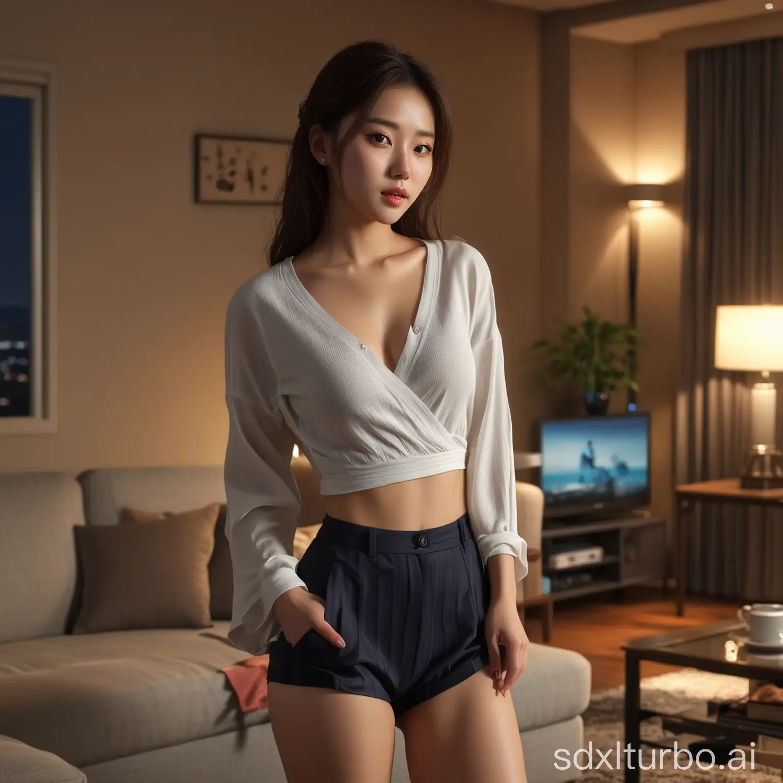 young korean girl, wife, sexy clothes, living room, night, realistic, masterpiece, raytraced