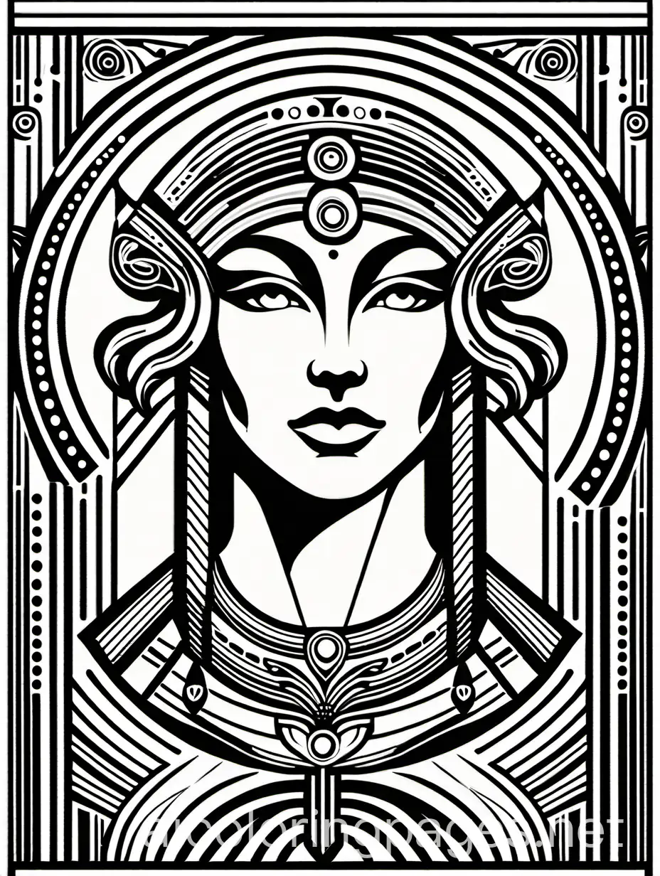 Artemis, style of Morgan Davidson, Encaustic painting, art deco, Coloring Page, black and white, line art, white background, Simplicity, Ample White Space. The background of the coloring page is plain white to make it easy for young children to color within the lines. The outlines of all the subjects are easy to distinguish, making it simple for kids to color without too much difficulty