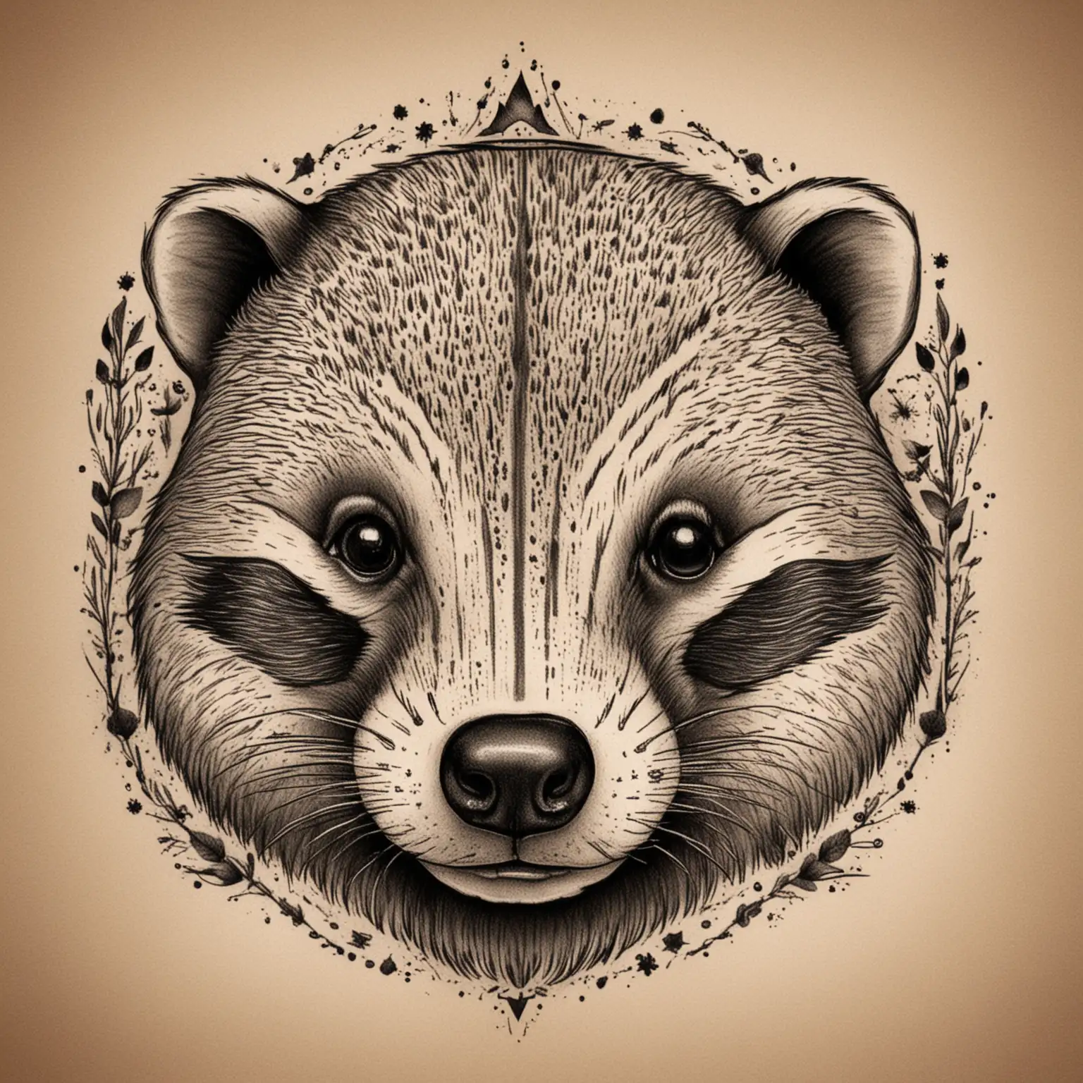 Detailed HandDrawn Tattoo of a Majestic Badger Face