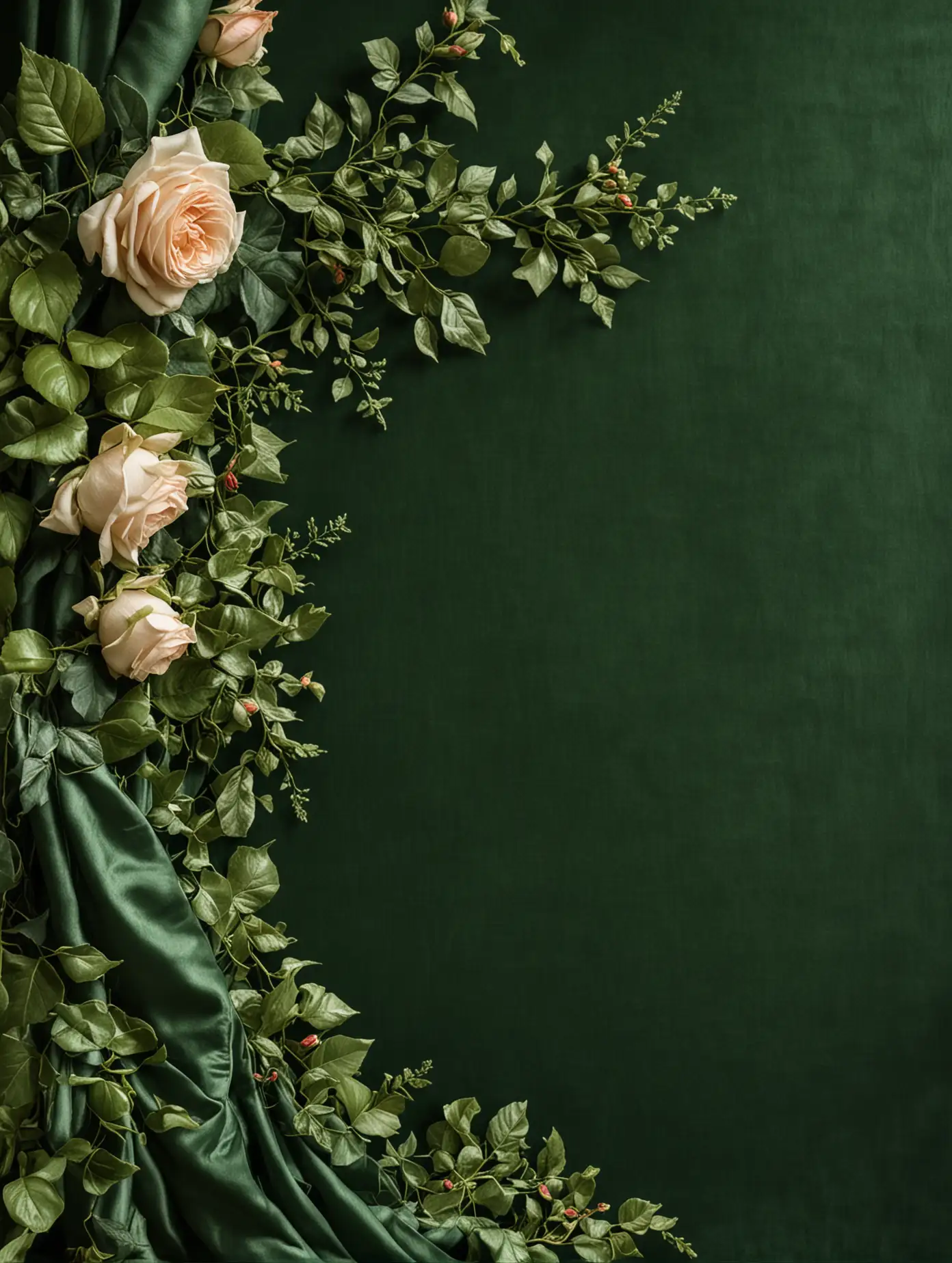 left side border, draped green fabric on which lies a few beautiful roses and ivy, green velvet background