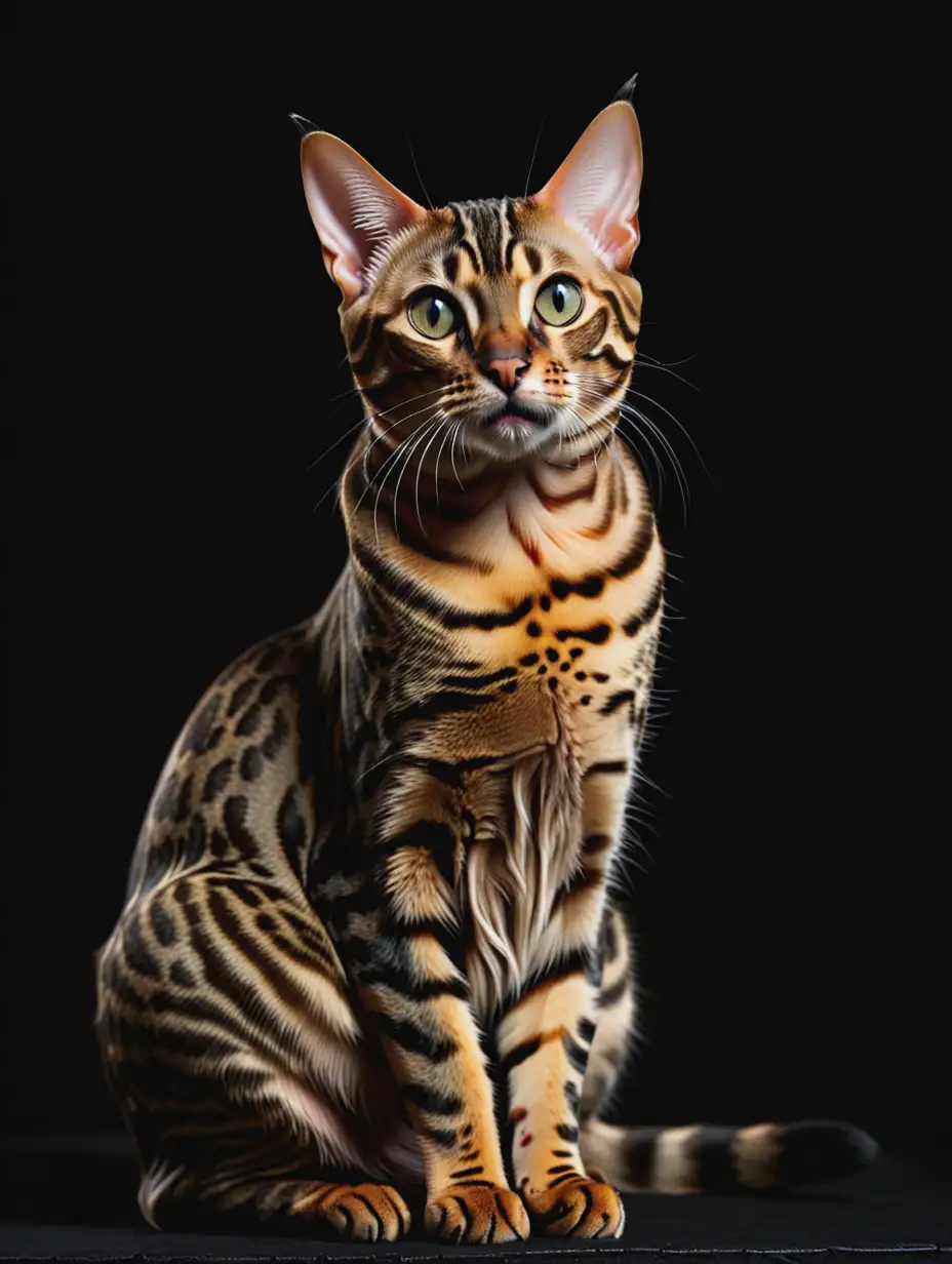bengal cat sitting facing the screen on black background