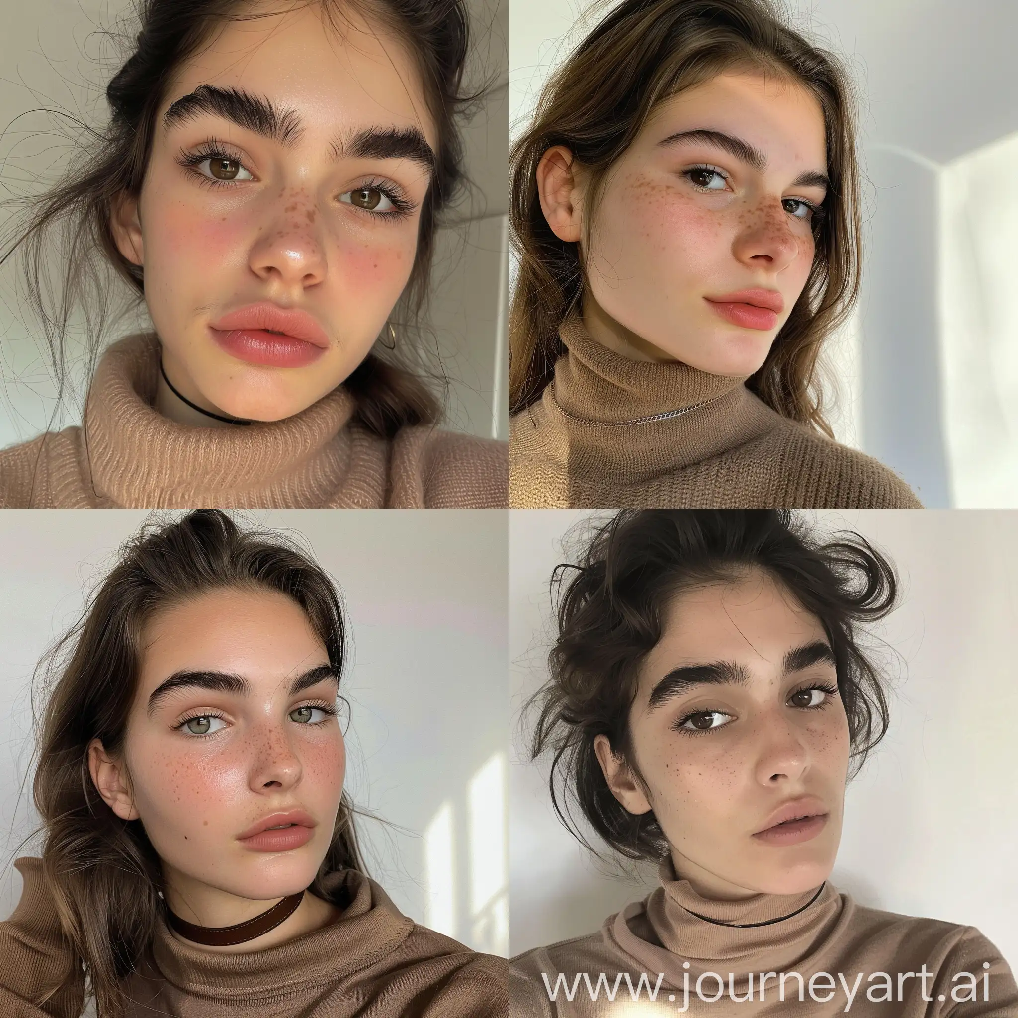 Aesthetic Instagram selfie of a teenage girl, big nose, Jewish, broad nose, looking to the side slightly, super model, bushy eyebrows, choker, soft brown tones, turtle neck
