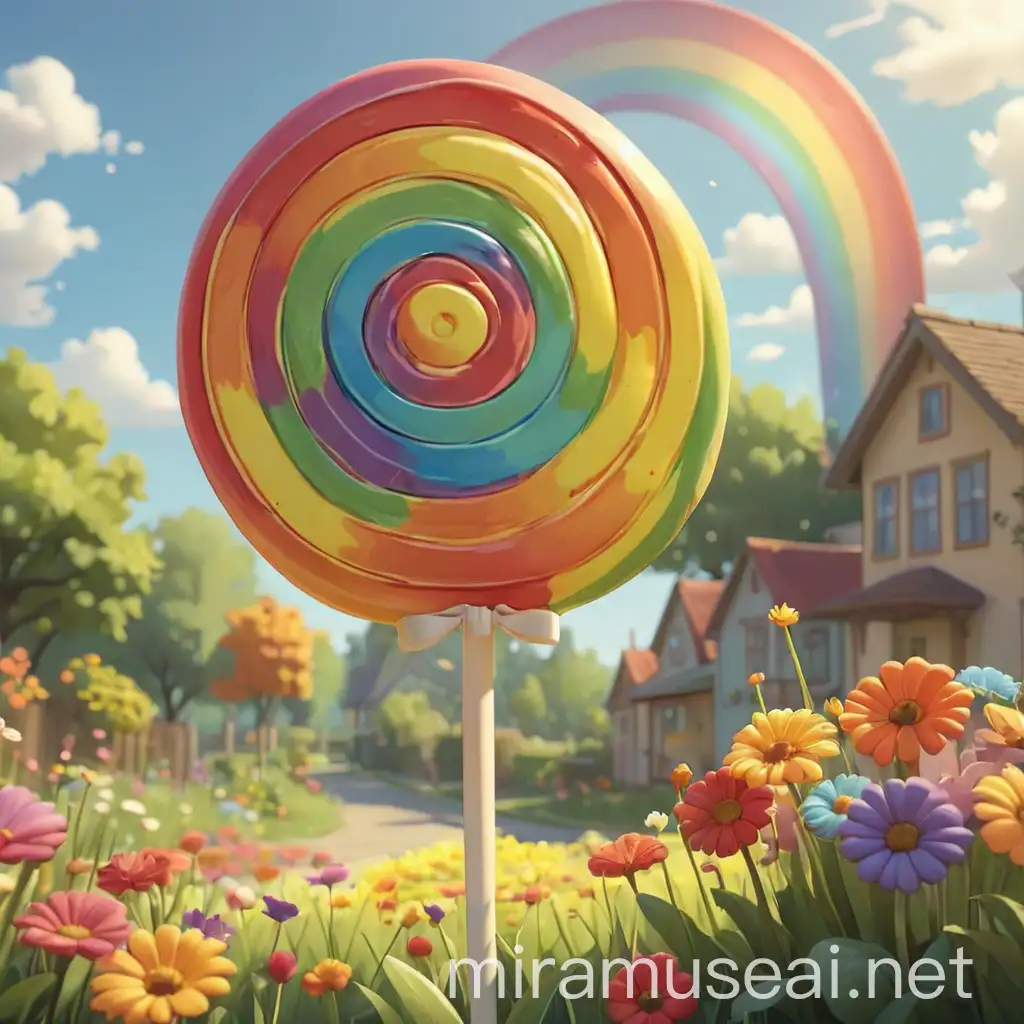 2D cartoon, rainbow, sunny day, flowers, big lollipop