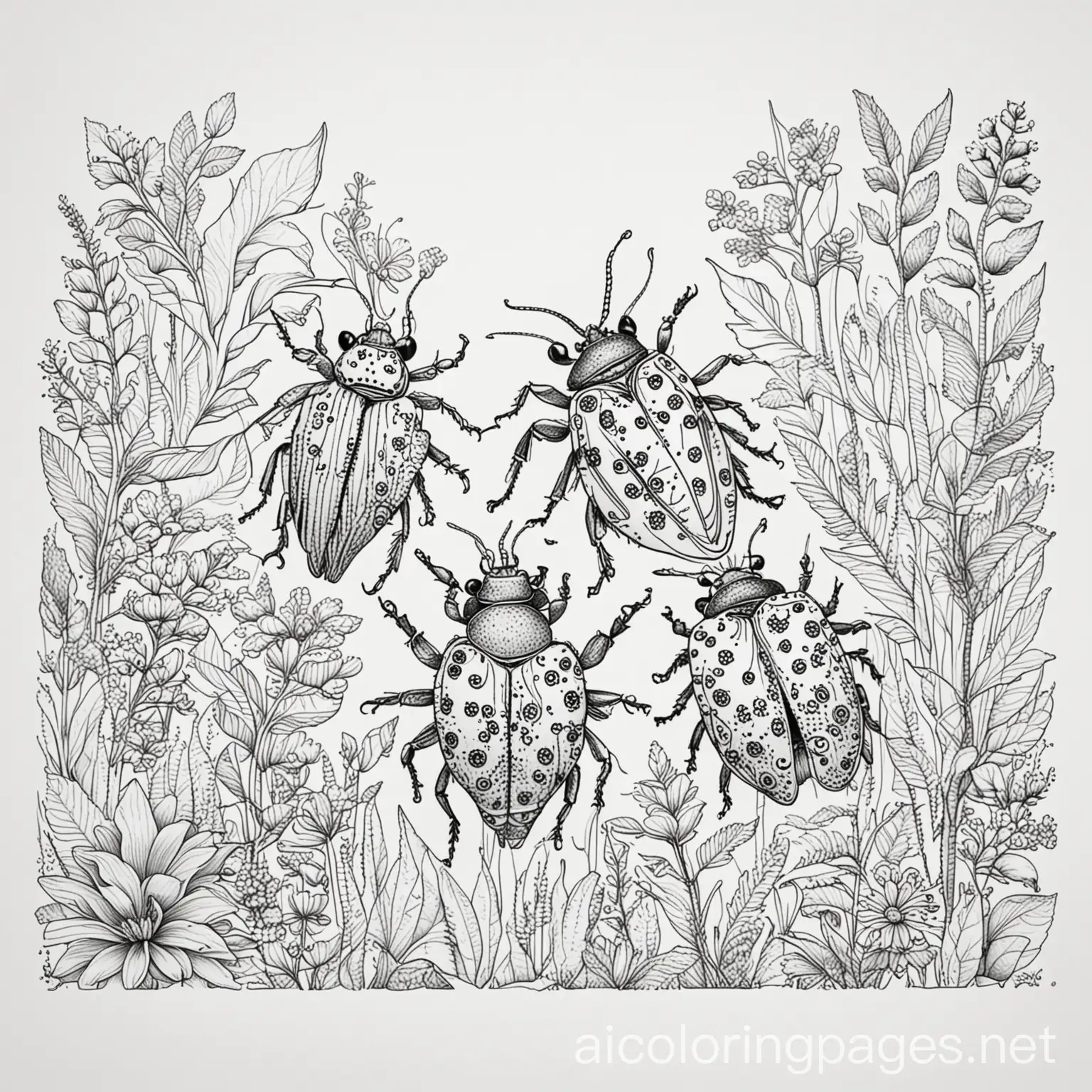 Spring bugs, Coloring Page, black and white, line art, white background, Simplicity, Ample White Space. The background of the coloring page is plain white to make it easy for young children to color within the lines. The outlines of all the subjects are easy to distinguish, making it simple for kids to color without too much difficulty