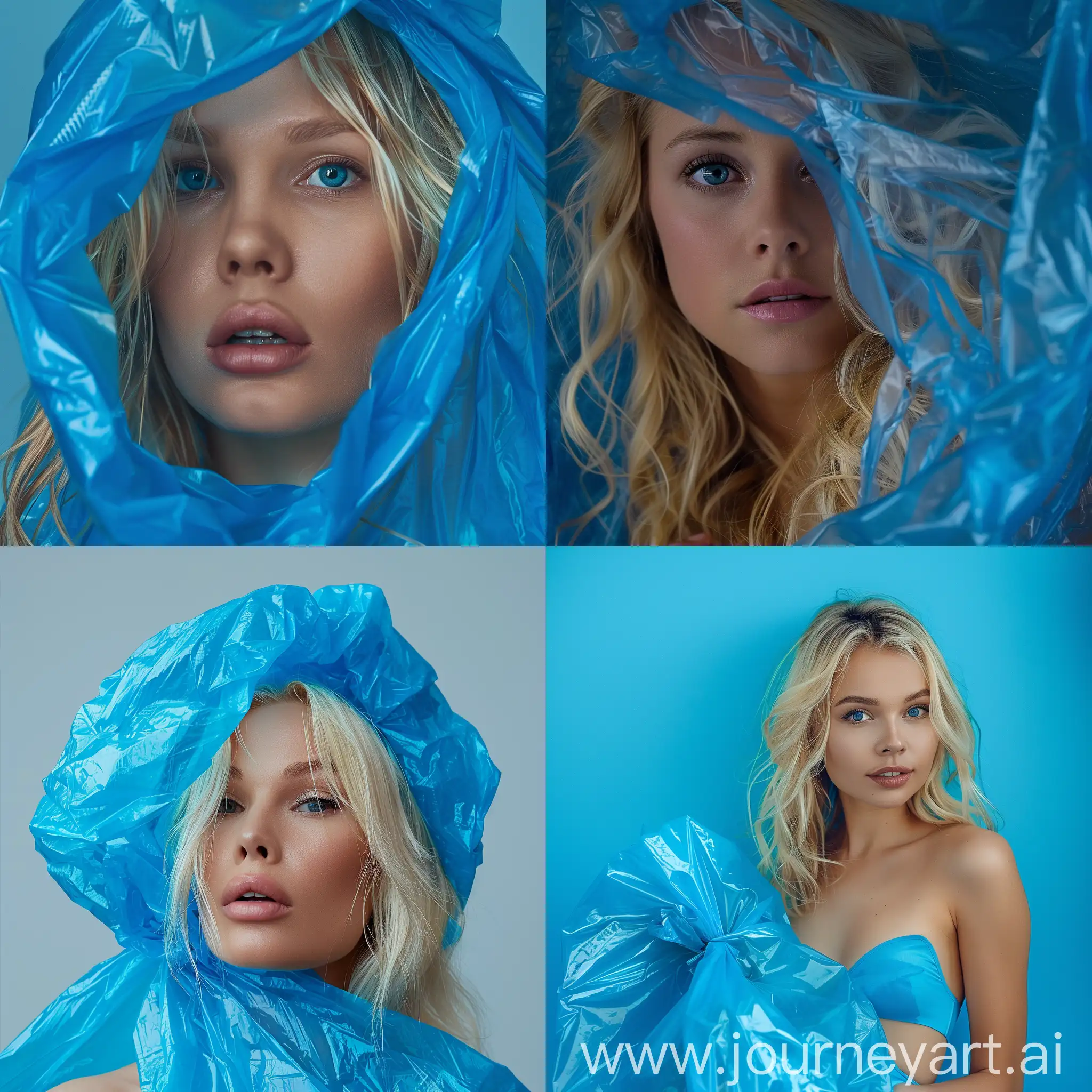 a stunningly beautiful blond woman wearing a blue plastic garbage bag