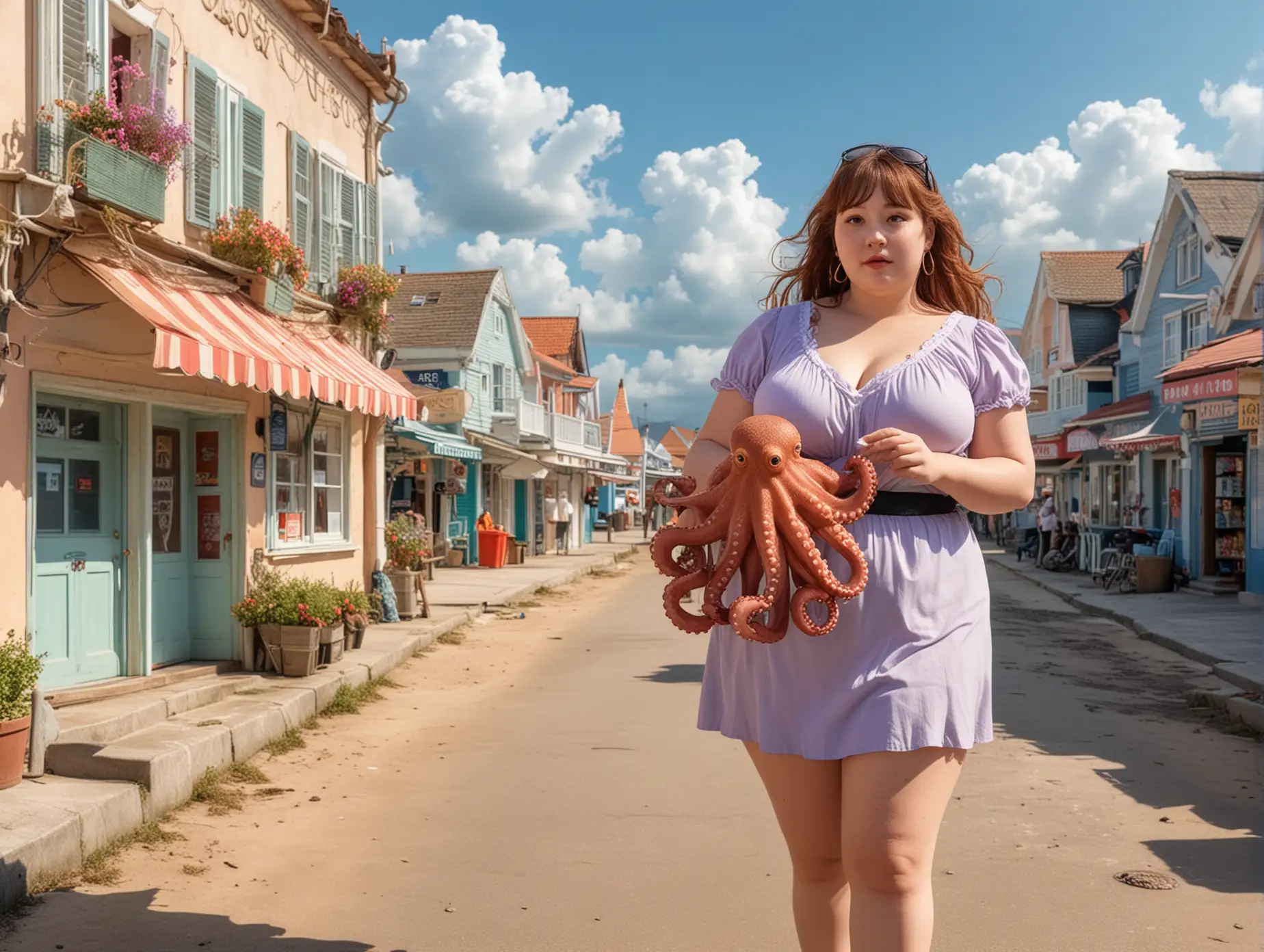 a beautiful fatty is patrolling at the seaside town, holding an octopus in one hand and soap in the other