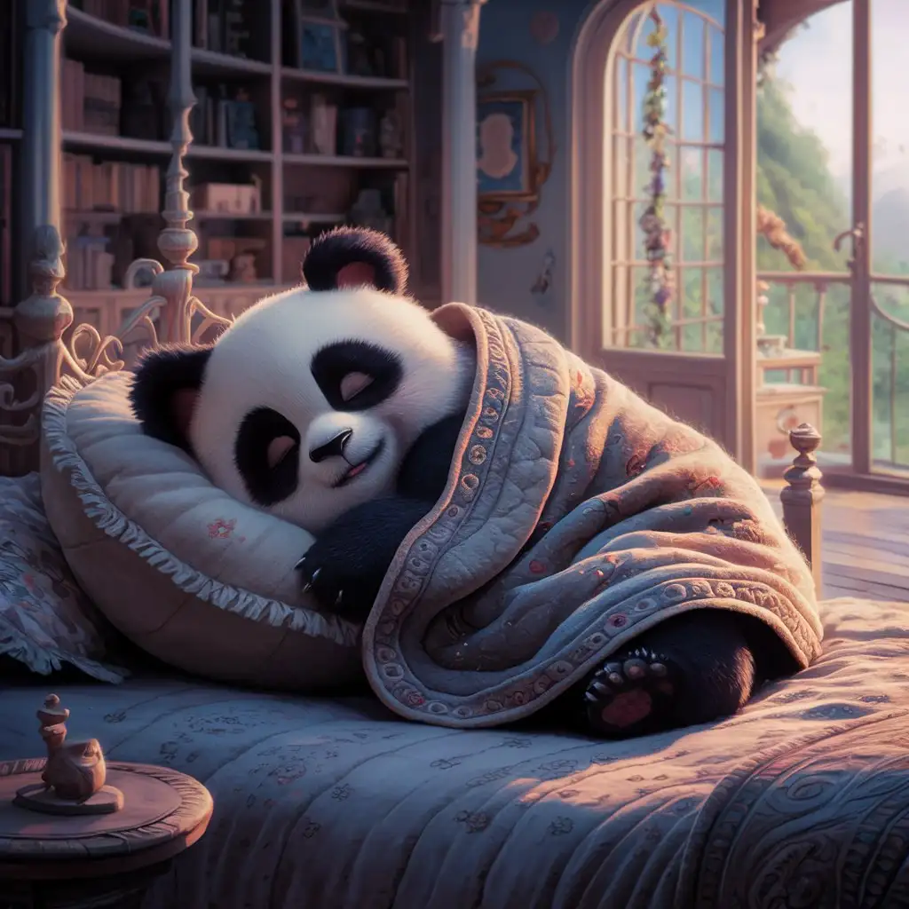 A very cute panda, sleeping on the bed in the bedroom, covered with quilt, anthropomorphic, many details in the bedroom, floor-to-ceiling windows