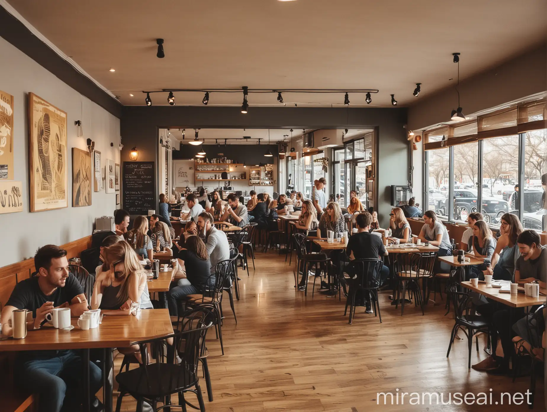 Busy Coffee Shop with Diverse Crowd of Patrons