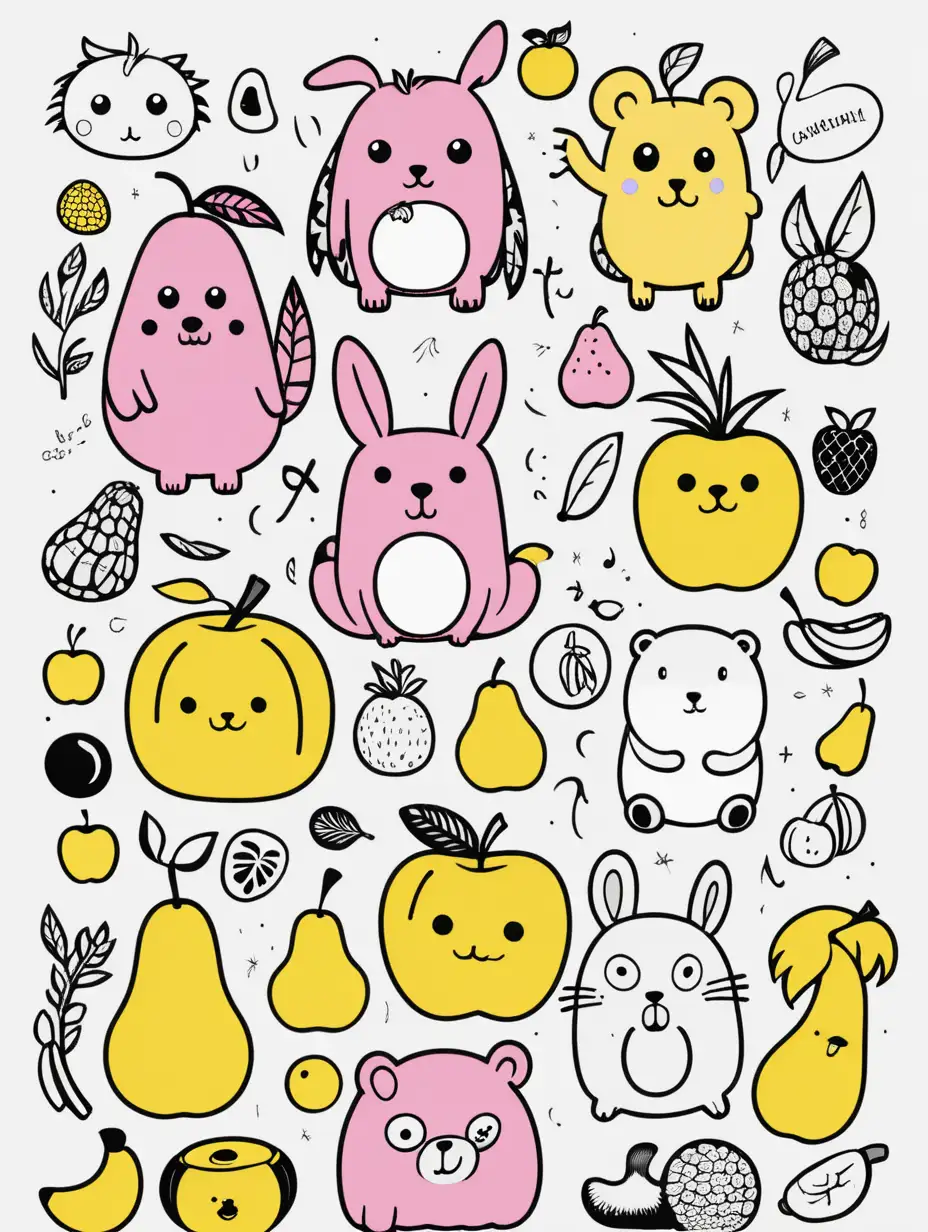 Yellow Black White and Pink Inscription for Animals Characters Objects and Fruits Book