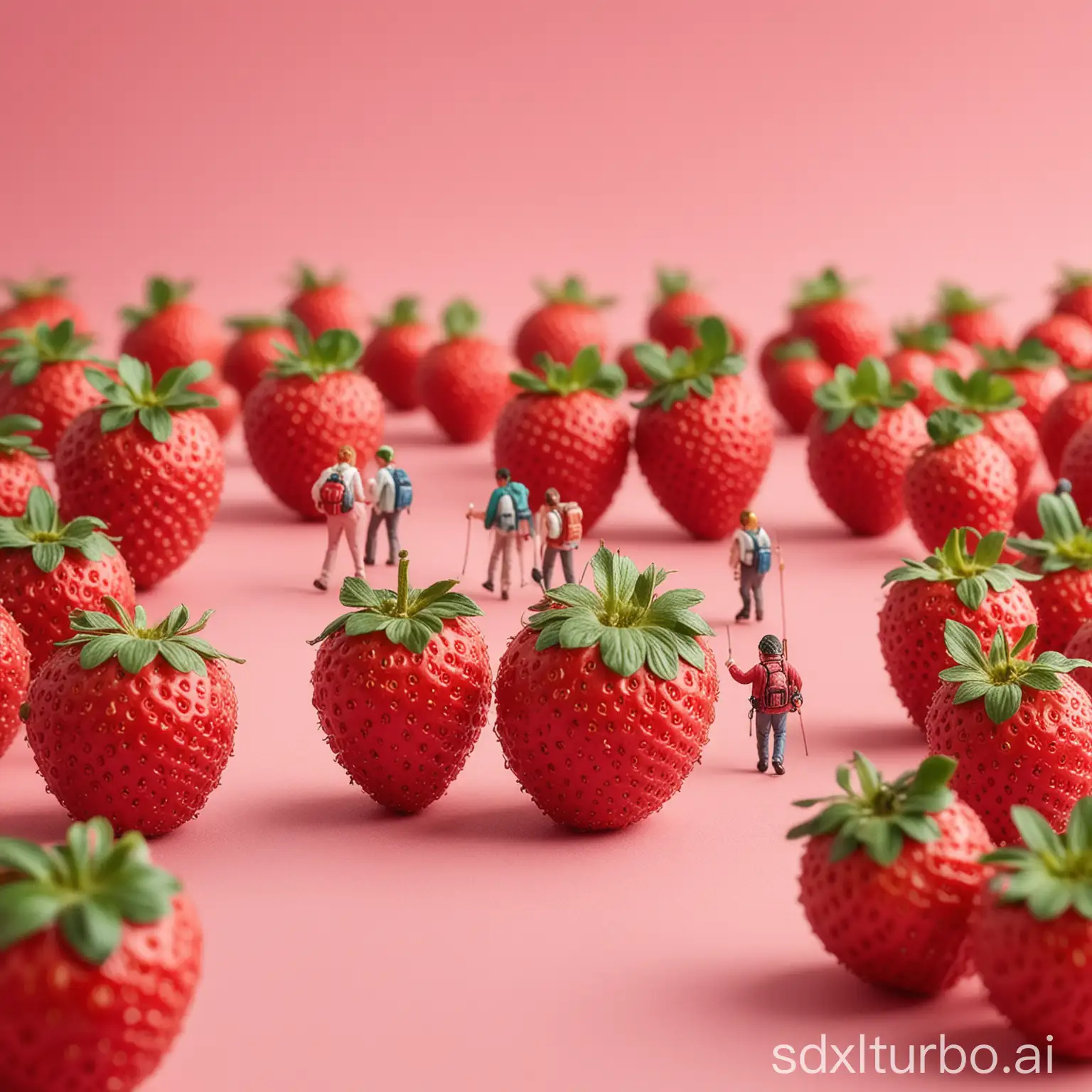 A group of tiny people, hiking among giant strawberries, bright studio light, pink background, minimalist, miniature food photography