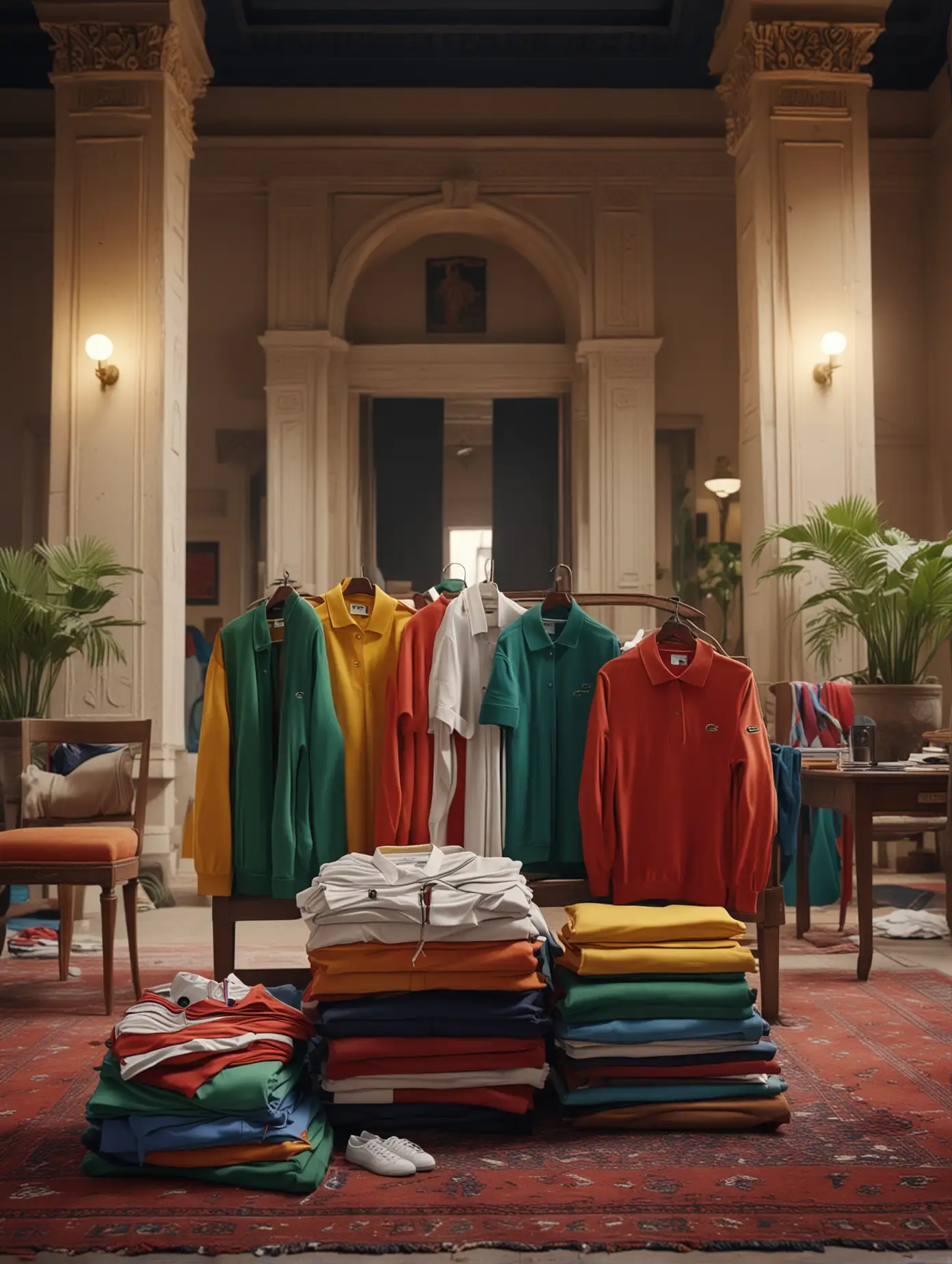close ups of Lacoste clothes in piles, bright colors, they are placed on different furniture inside an egymptian beautiful building, cinematic light, ultra realistic, arri camera, film roll, 8k, best possible realism, female clothes