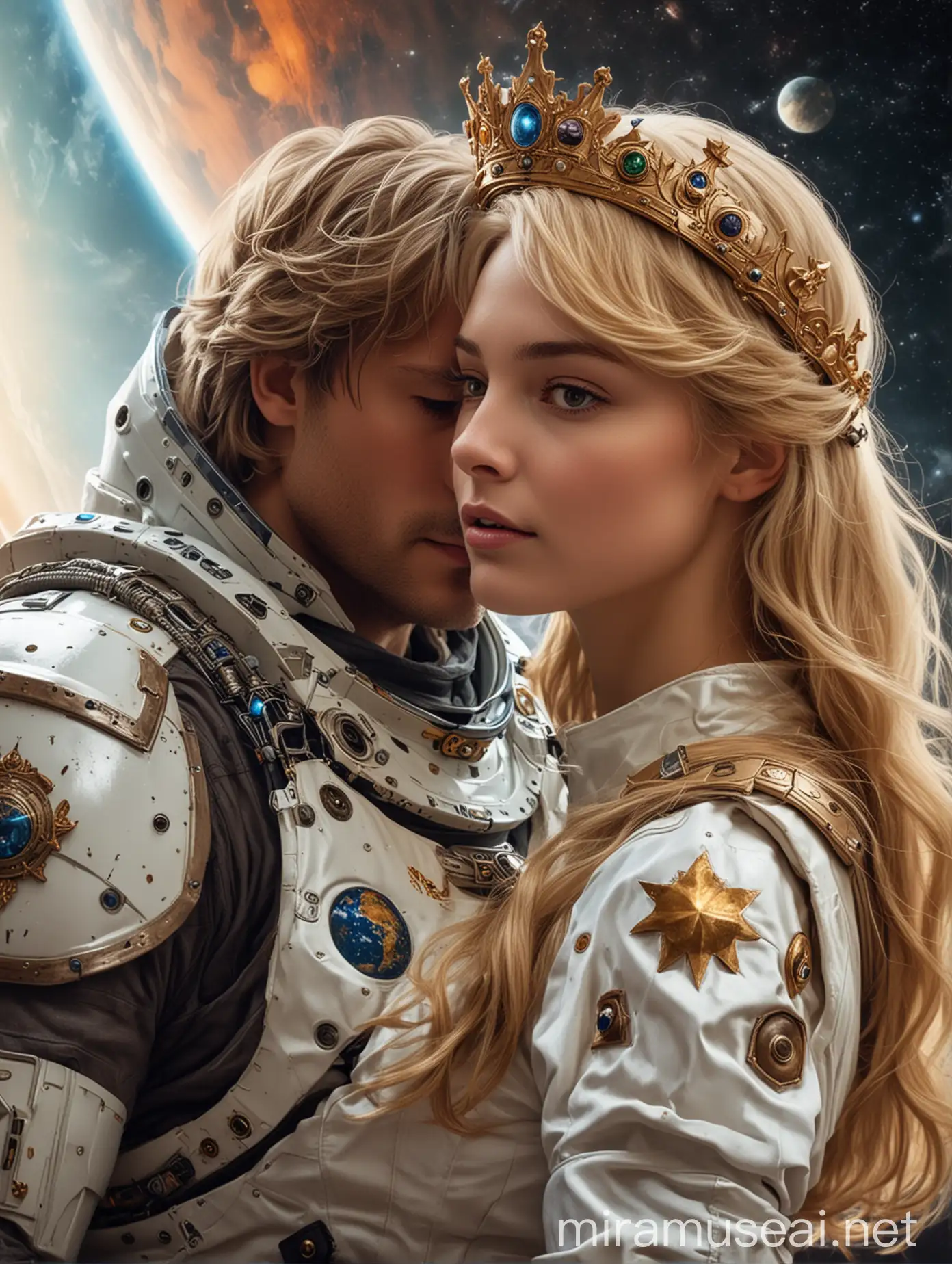 Mujer rubia con una corona preciosa, es una princesa está abrazada a un hombre castaño guardían con un traje espacial y casco,  es su guardaespalda. Estan en un planeta donde se ven muchos planetas preciosos-