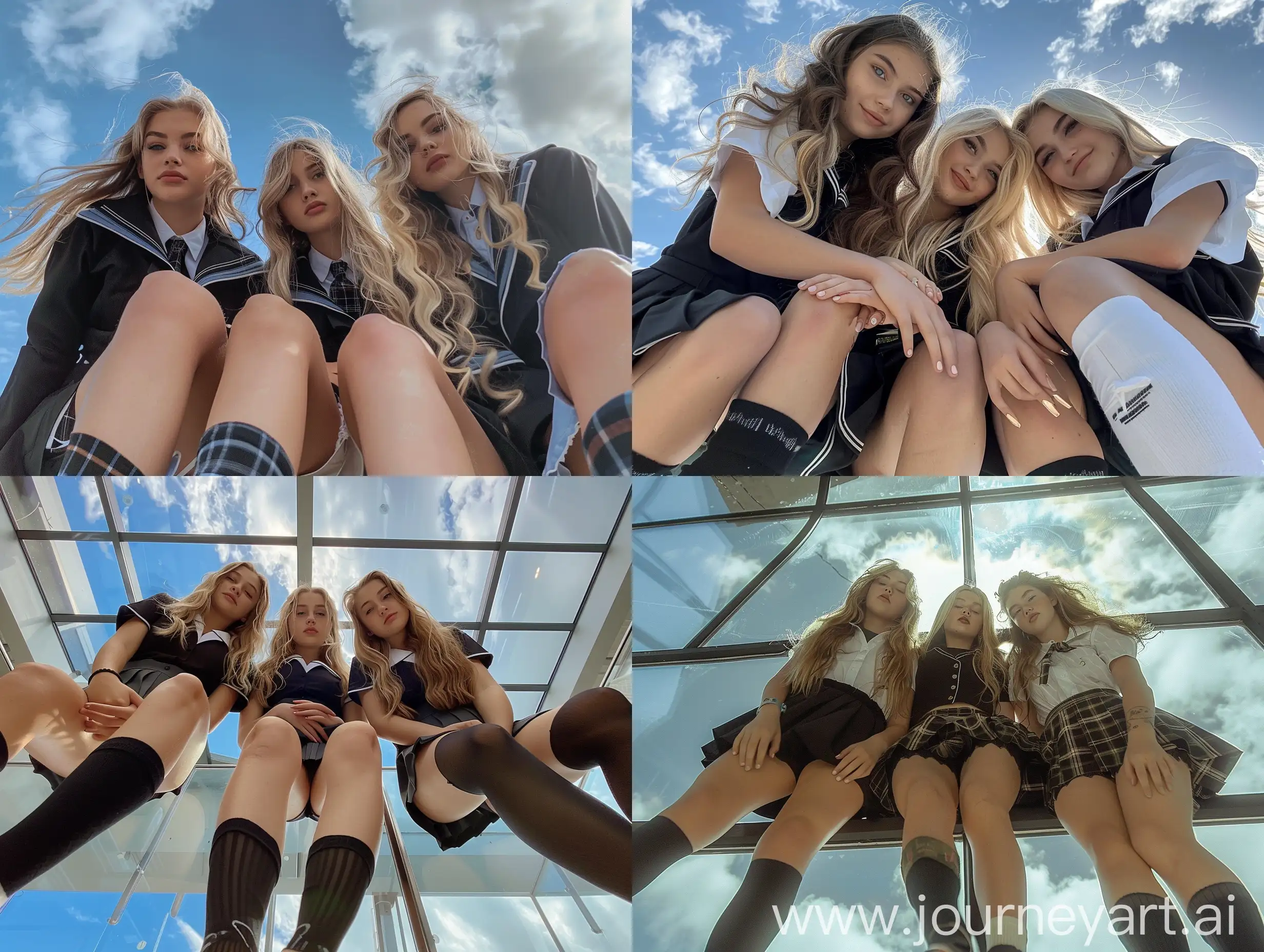 Three-Young-Women-in-Black-School-Uniforms-Sitting-on-Glass-with-Sky-View