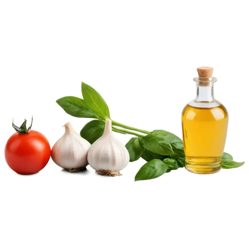 garlic, tomato, oil in a bottle, leaves of a basil
