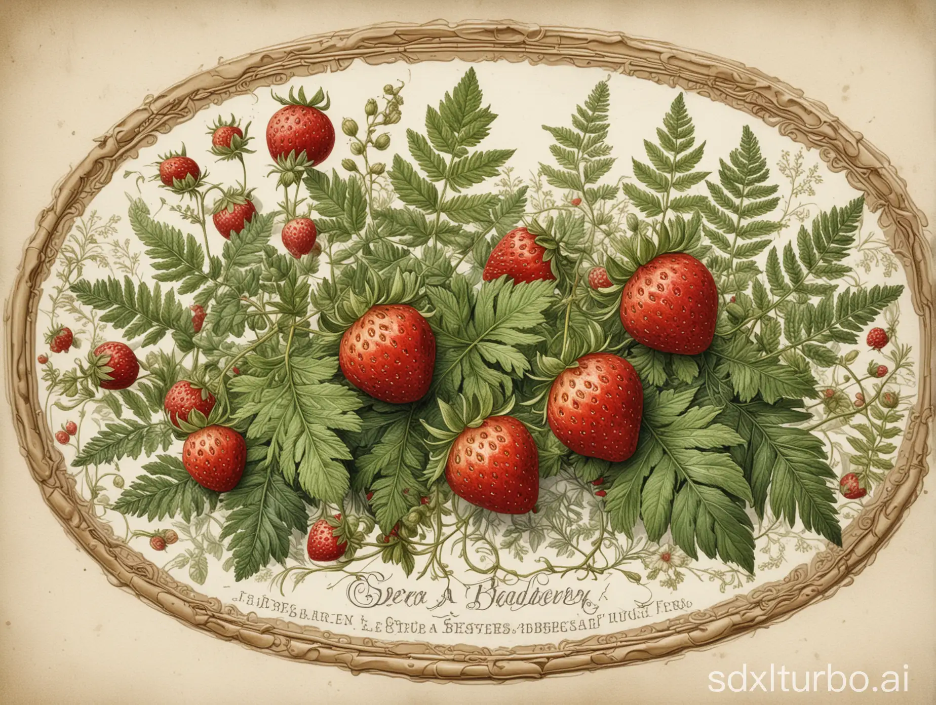 label with a small border of strawberries and fern, large white center, richly detailed delicate and intricate drawing and watercolor painting