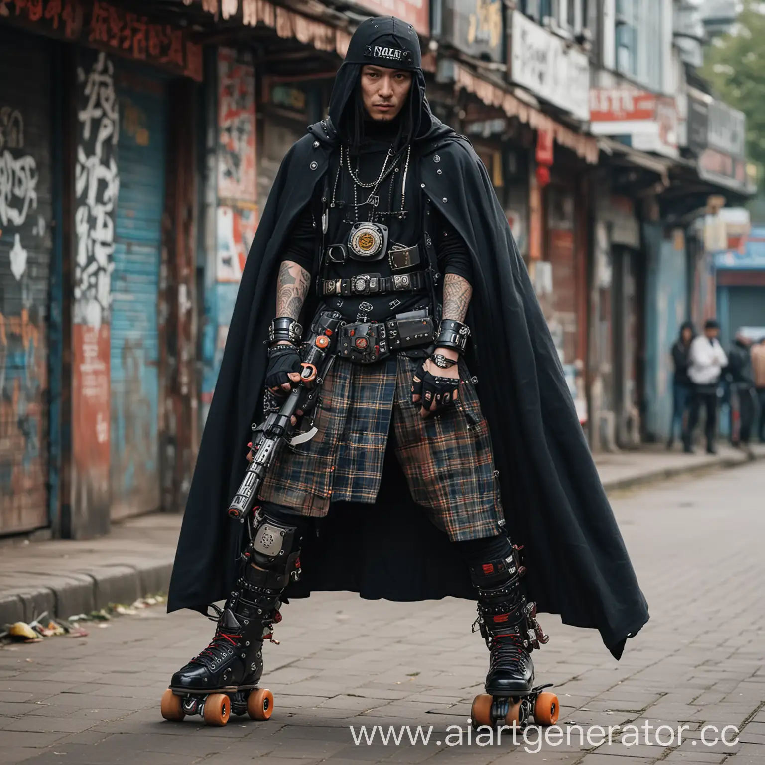 Cyberpunk-Scot-Renegade-Skating-in-Asian-Quarter-with-Cyber-Implant-Gun