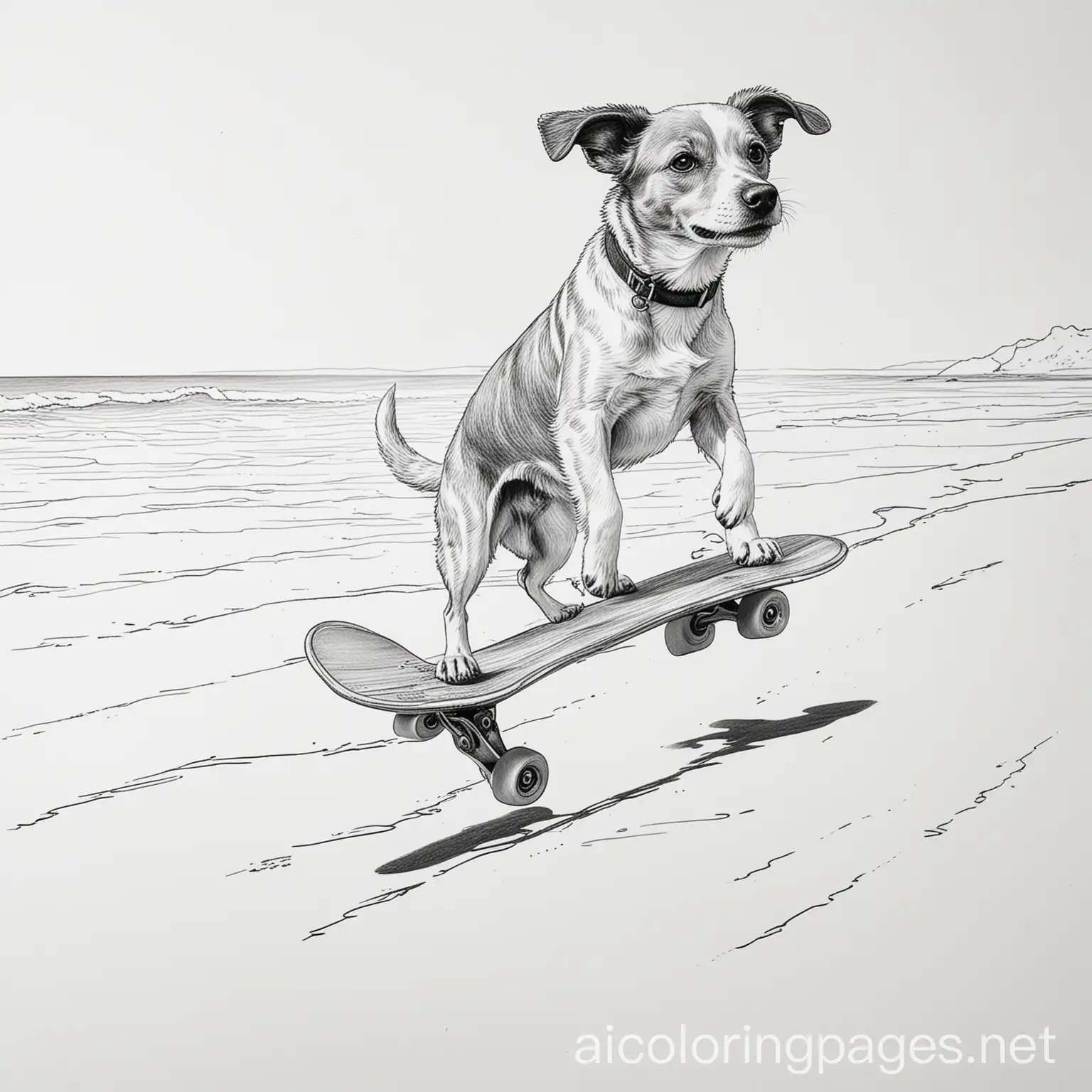 dog skateboarding at the beach, Coloring Page, black and white, line art, white background, Simplicity, Ample White Space. The background of the coloring page is plain white to make it easy for young children to color within the lines. The outlines of all the subjects are easy to distinguish, making it simple for kids to color without too much difficulty