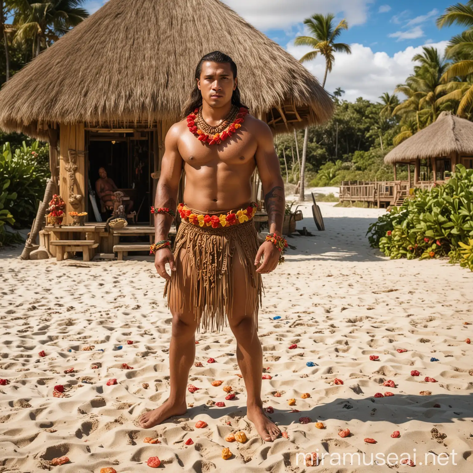 a Polynesian warrior is standing on the beach, a tiki hut is in the background, the sand is covered in gummy bears