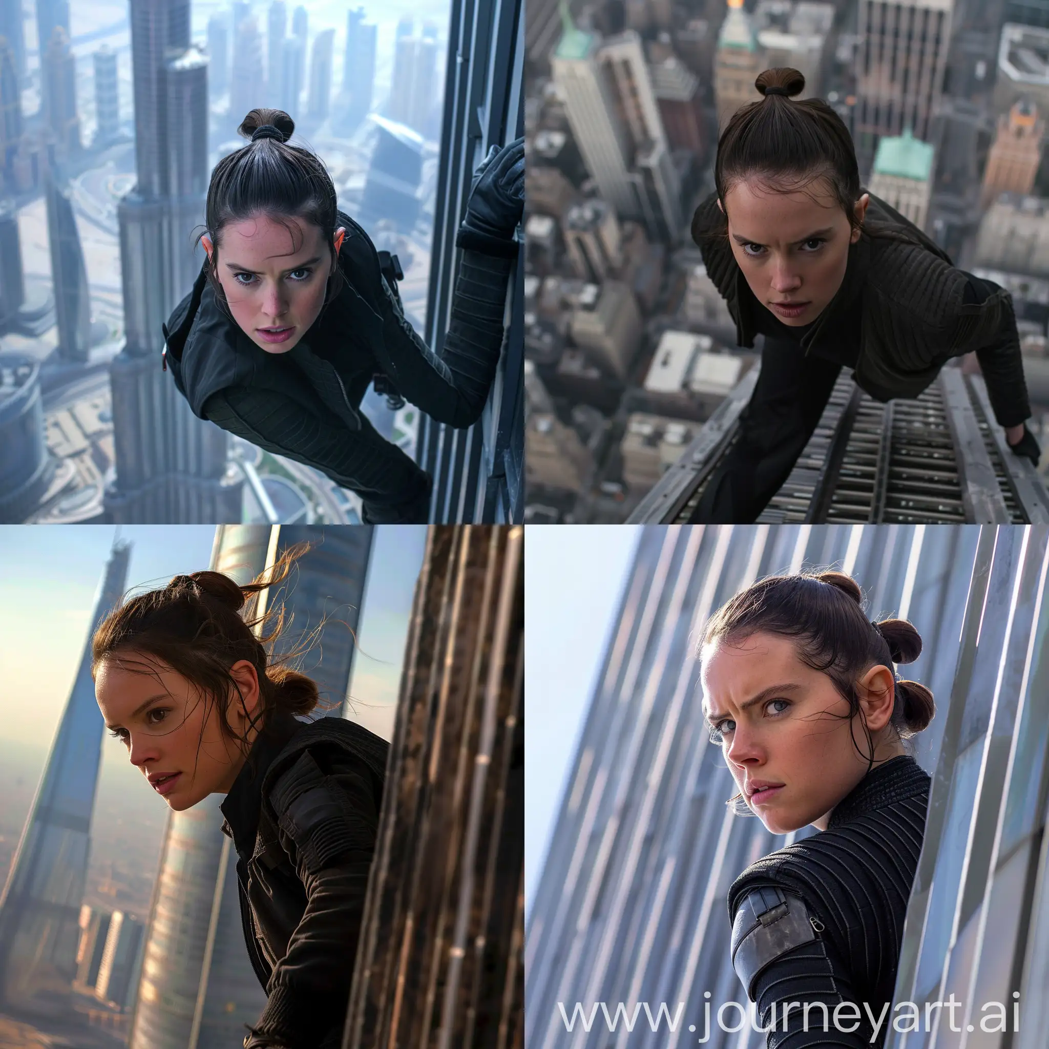 actress Daisy Ridley With Rey Skywalker's face, With Black jacket in iconic scenes from the films Mission Impossible, climbing the tallest building in the world, 8k resolution