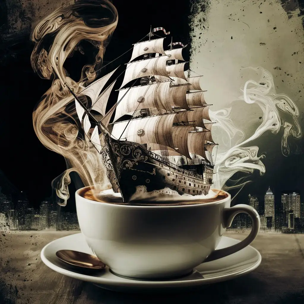 Miniature Ship Sailing in a Steaming Coffee Cup