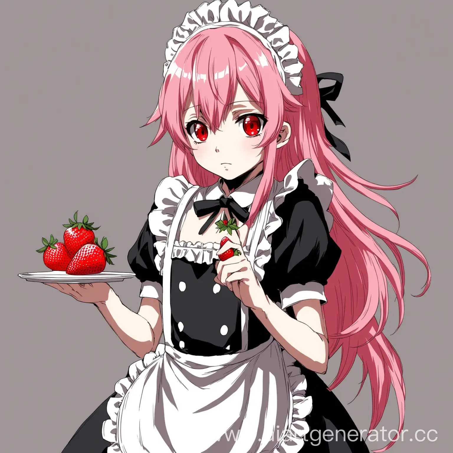 Anime-Boy-with-Long-Pink-Hair-in-Maid-Costume-Holding-a-Strawberry