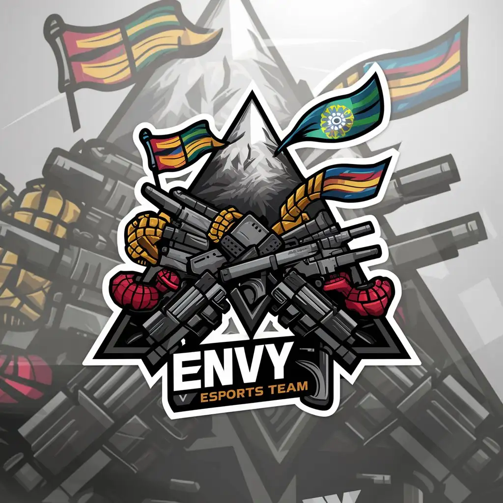 a logo design,with the text "ENVY", main symbol:It is basically a BGMI team from Sikkim. Buddhist Prayer flags, Kanchenjunga, Buddhist Monastery, Guns & Grenades, Joystick,complex,be used in Esports Team industry,clear background