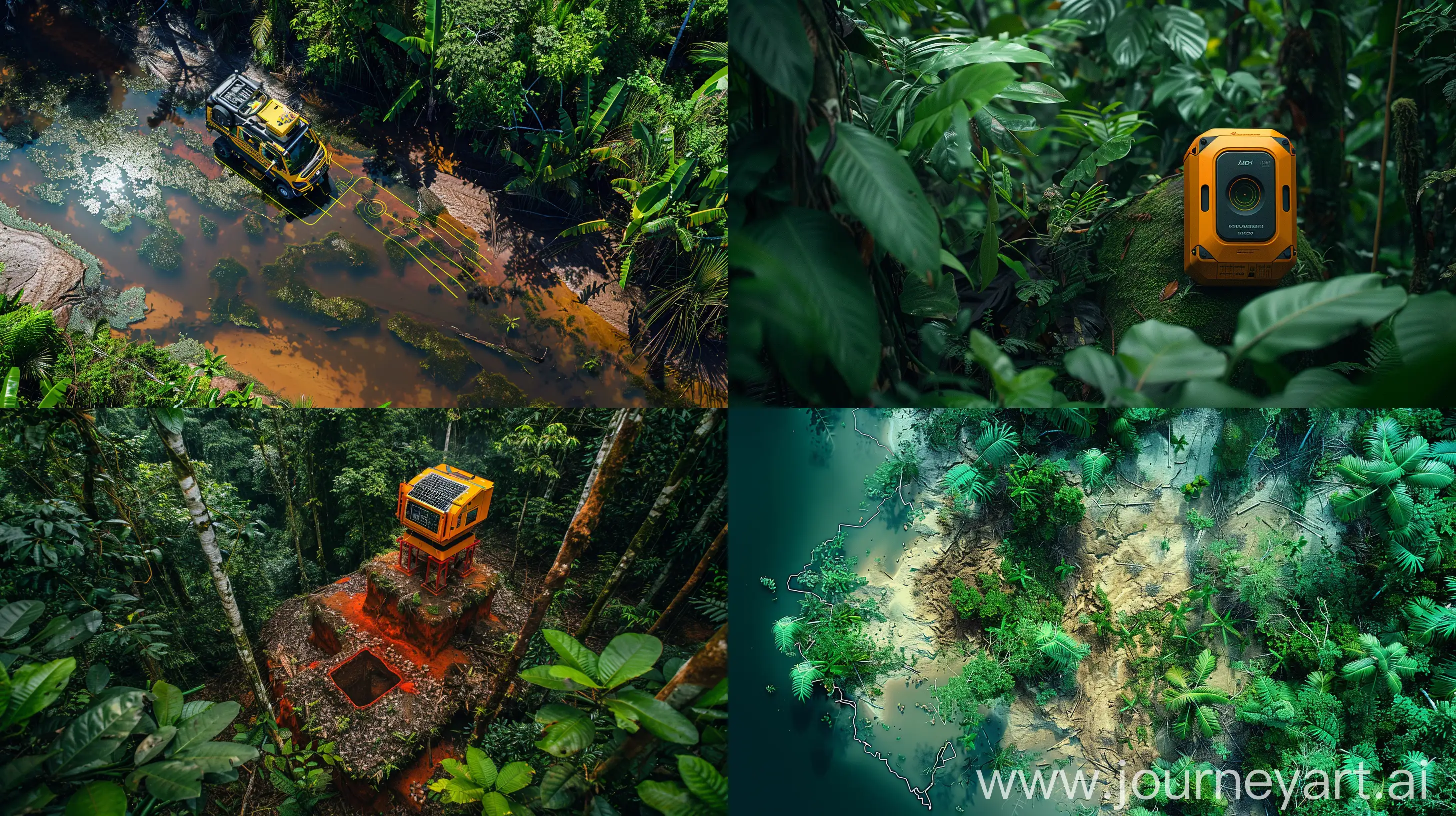 lidar device meticulously mapping the Amazon rainforest, intricate details of foliage and fauna, technology meets nature, cutting-edge scientific equipment in action, vibrant ecosystem captured with precision, birds-eye view --ar 16:9 --v 6 --s 300 --c 15